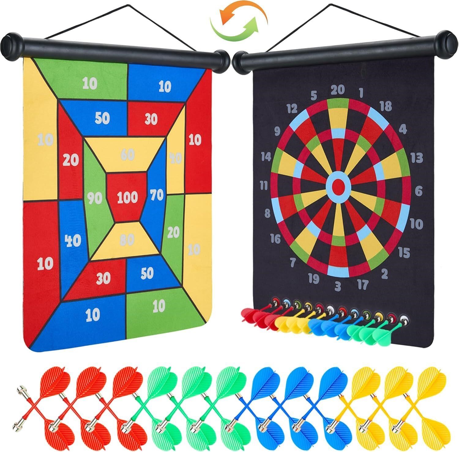 moopok Magnetic Dart Board with 24pcs Darts,Indoor Outdoor Dart Game for Kids and Adults锛?in1 Rollup Safe Dart Flights Toys Set for 3-12 Year Old Boys Girls Christmas Birthday Gifts