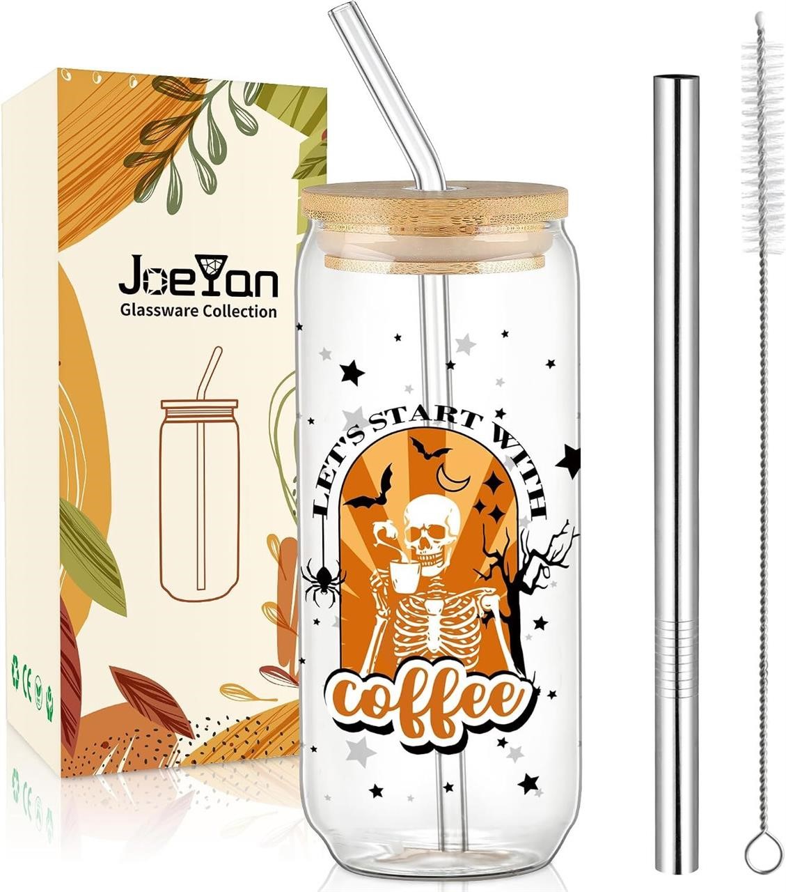 Joeyan 600ML Halloween Glass Cups with Lids and Straws, Halloween Skeleton Decorations Glass Tumbler Boba Iced Coffee Cup, Bubble Tea Can Drinking Glasses Jar Gifts for Women Men Friend Teen