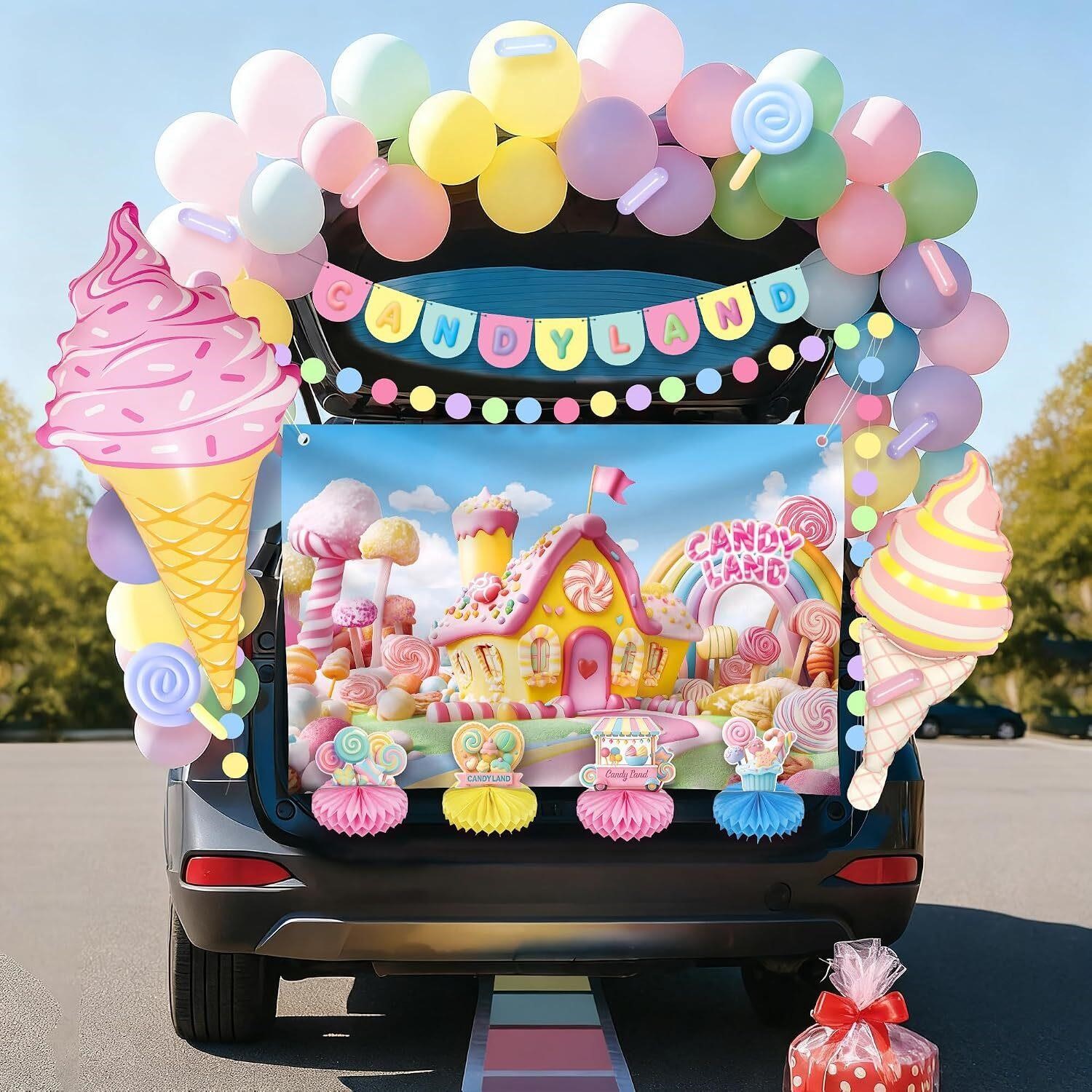 Trunk or Treat Car Decorations Kit for SUV,Candyland Party Decorations,Halloween Candy Land Trunk or Treat Car Decorations Kit, Candyland Banner,Backdrop,Balloons for Dessert Table