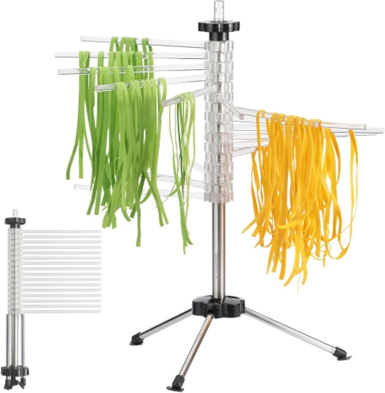 Navaris Collapsible Pasta Drying Rack - Tall Compact Spaghetti Noodle Stand with 16 Plastic Rods - Fresh Pasta Making Accessories - up to 2 kg (4.5 lbs) - Clear