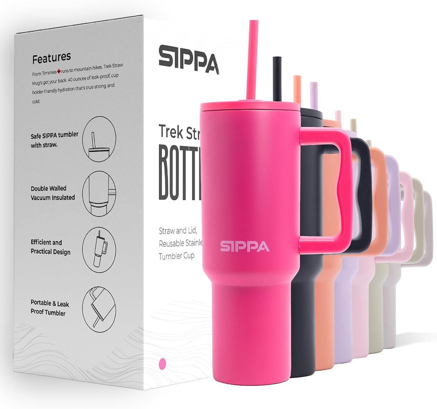 SIPPA 40 oz Tumbler with Straw and Lid, Double Wall Vacuum Insulated Tumbler with Handle, Reusable Stainless Steel Tumbler Cup, Leak& Spill Proof Travel Water Tumbler for Iced Coffee (Raspberry)