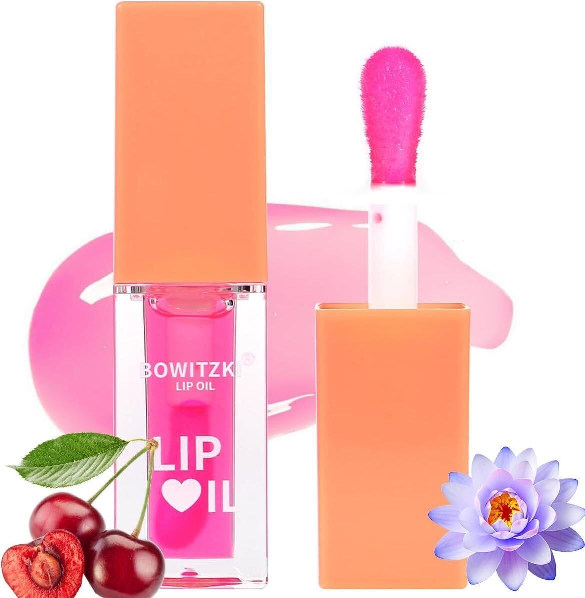 Bowitzki Color Changing Hydrating Lip Oil Lip Gloss Glow Transparent Toot Tinted Nourishing Long Lasting Lip Balm Blue Lotus Extract Repairing Lightening Lip Line (Cherry)