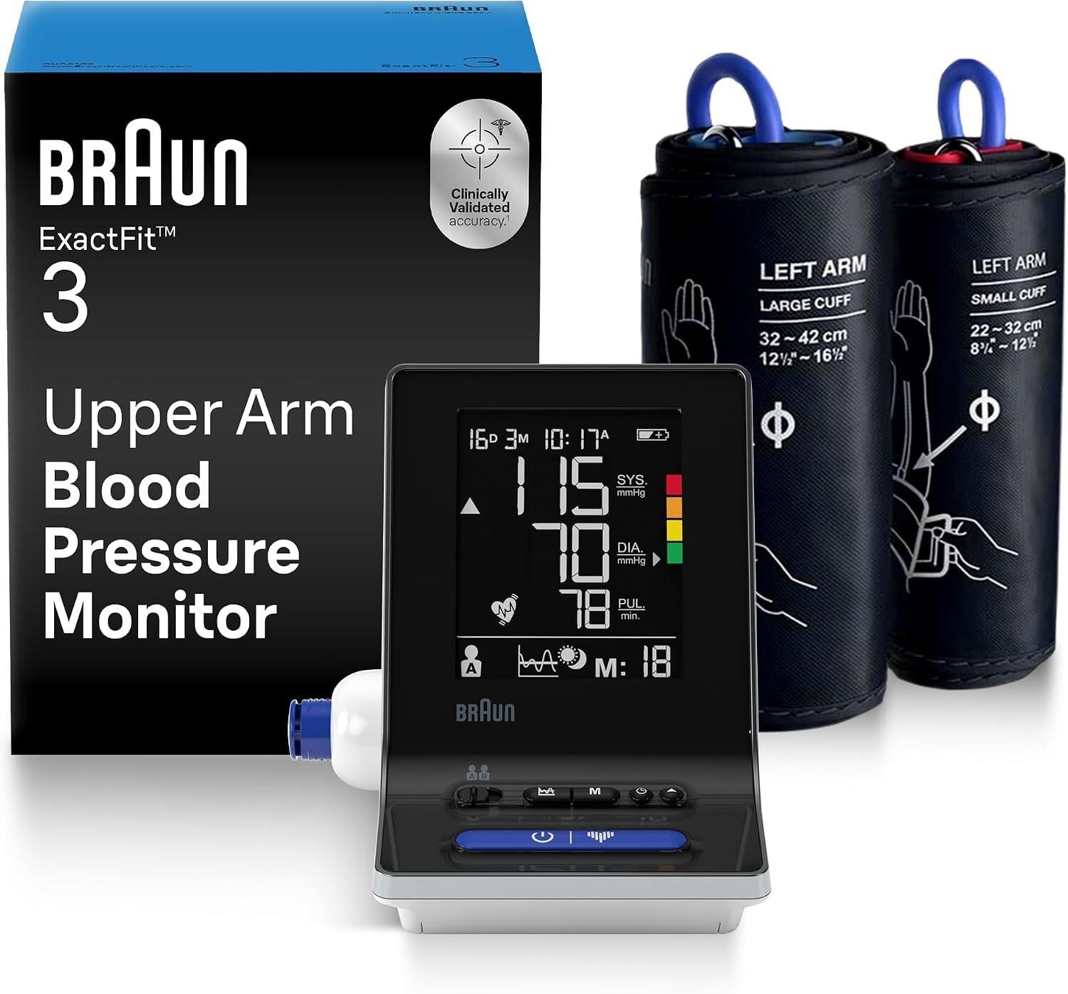 Braun ExactFit 3 Blood Pressure Monitor with 2 Upper Arm Cuffs | Blood Pressure Machine for home use with Color-Coded reading, High BP Monitor, 80 Memory Slots
