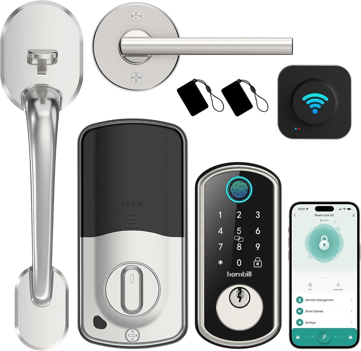 Smart WiFi Front Door Lock: Hornbill Keyless Entry Fingerprint Deadbolt with Handle Set Electronic Digital Keypad Door Locks APP Remote Control Alexa Auto Lock