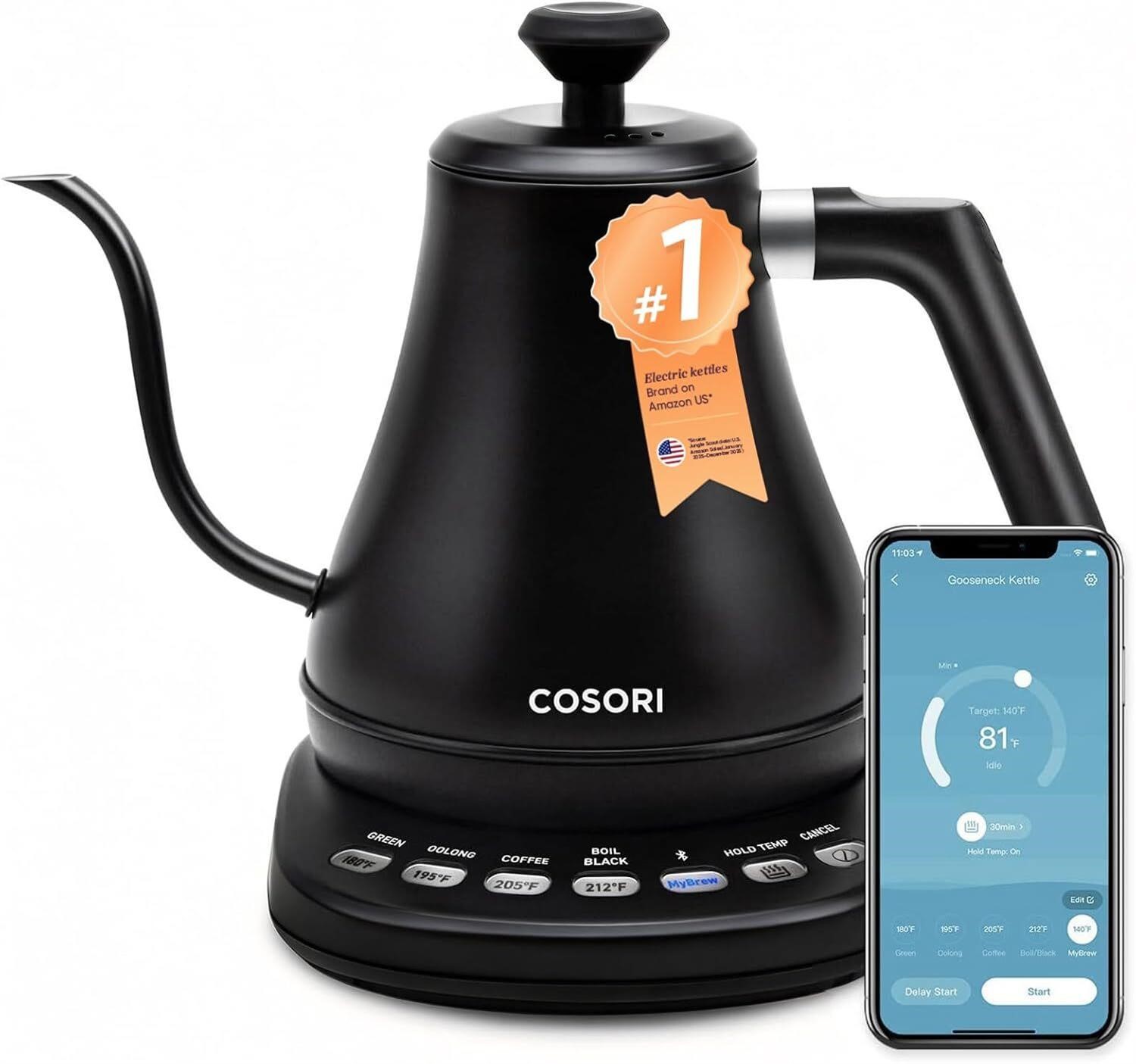 Cosori Smart Gooseneck Kettle, 4 Temp Presets, 0.8L Pour Over Coffee Kettle | 1200W Fast Boil, Bluetooth App Control, Stainless Steel Interior, Precision Pour Spout, Auto Shut-Off & Boil-Dry Protection