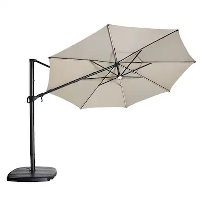allen + roth 11-ft Aluminum Beige Slide-tilt Cantilever Patio Umbrella with Lights with Base