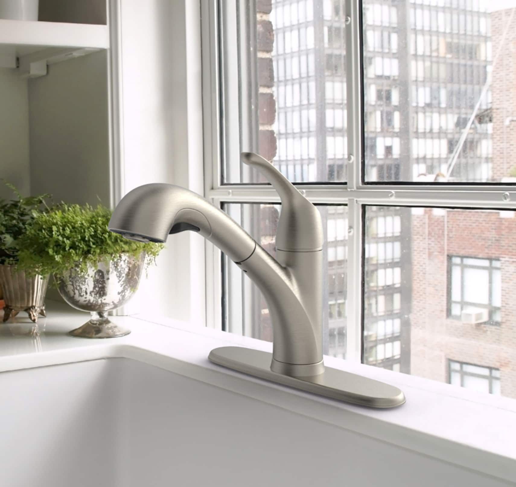 Project Source EVERFIELD Stainless Steel Single Handle Deck-mount Pull-out Kitchen Faucet with Sprayer (Includes Deck Plate)