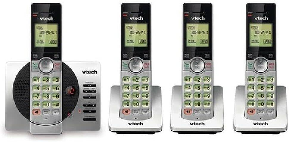 VTech DECT 6.0 Four Handset Cordless Phones with ITAD, CID, Green Backlit Keypads and Screens, Full Duplex Handset Speakerphones, Call Block Silver/Black, CS6929-4