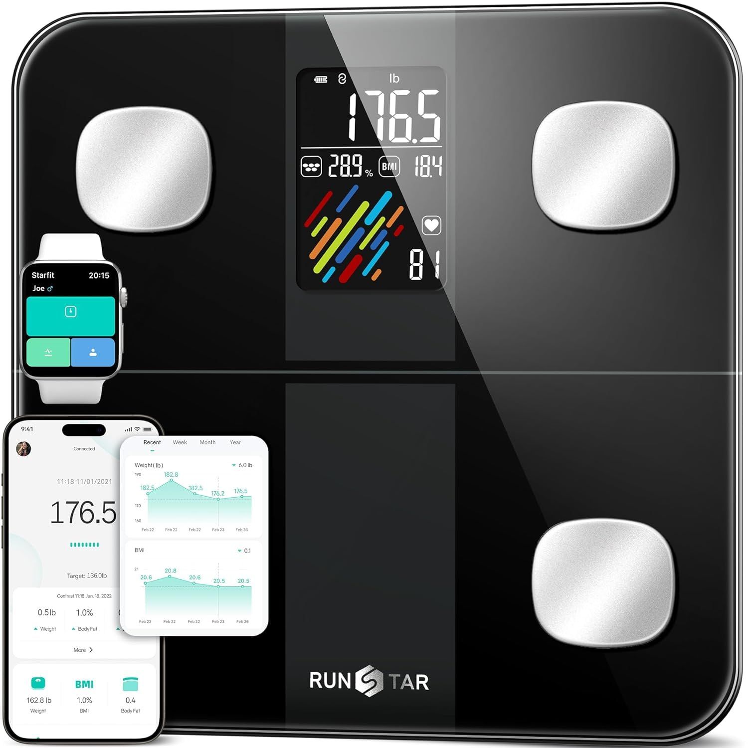 RunStar Smart Scale for Body Weight and Fat Percentage, High Accuracy Digital Bathroom Scale with Large Display for BMI Heart Rate 15 Body Composition Analyzer Sync with Fitness App 400lb