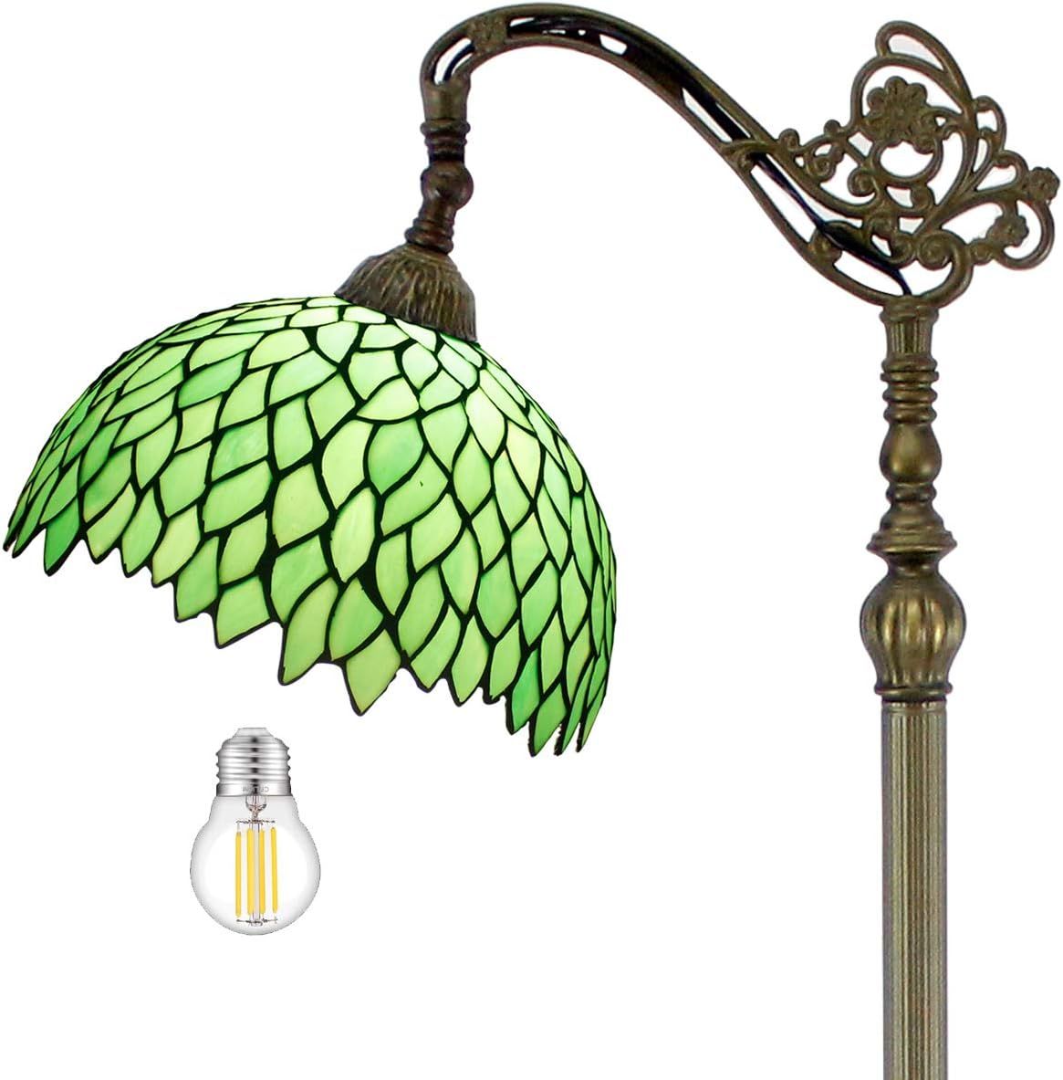 Tiffany Style Reading Floor Lamp Lighting W12H64 Inch 1E26 Green Wisteria Stained Glass Lampshade Antique Adjustable Arched Resin Base Foot Switch Easy Assemble S523 WERFACTORY Lamps Home Decoration
