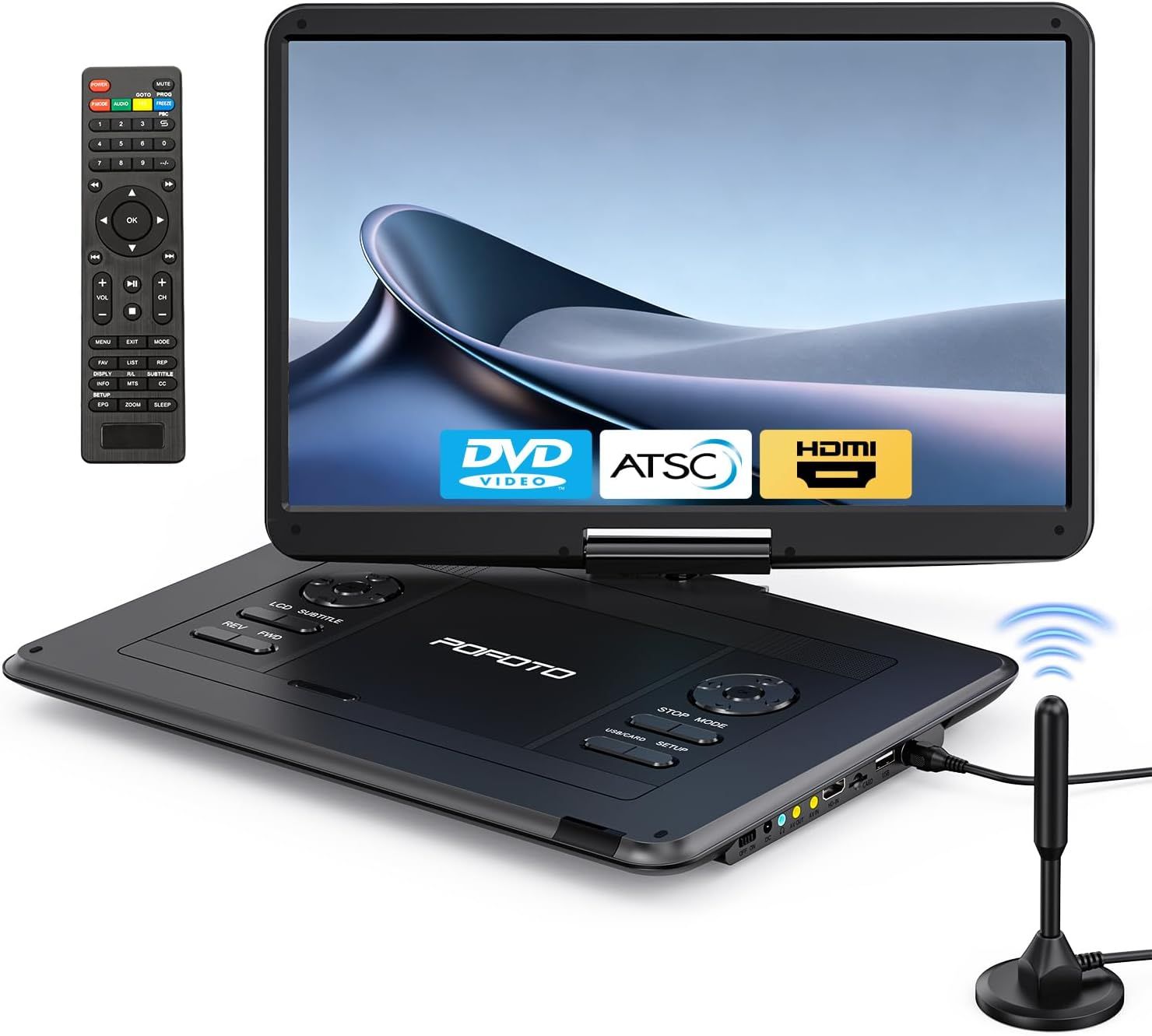 POFOTO 17.5\\ Portable TV/DVD Player with 15.6\\ HD Swivel Screen, Built-in ATSC Tuner & FM, Rechargeable Battery, Supports HDMI in/USB/Micro SD/AV Out, Multi-Disc Formats, Black