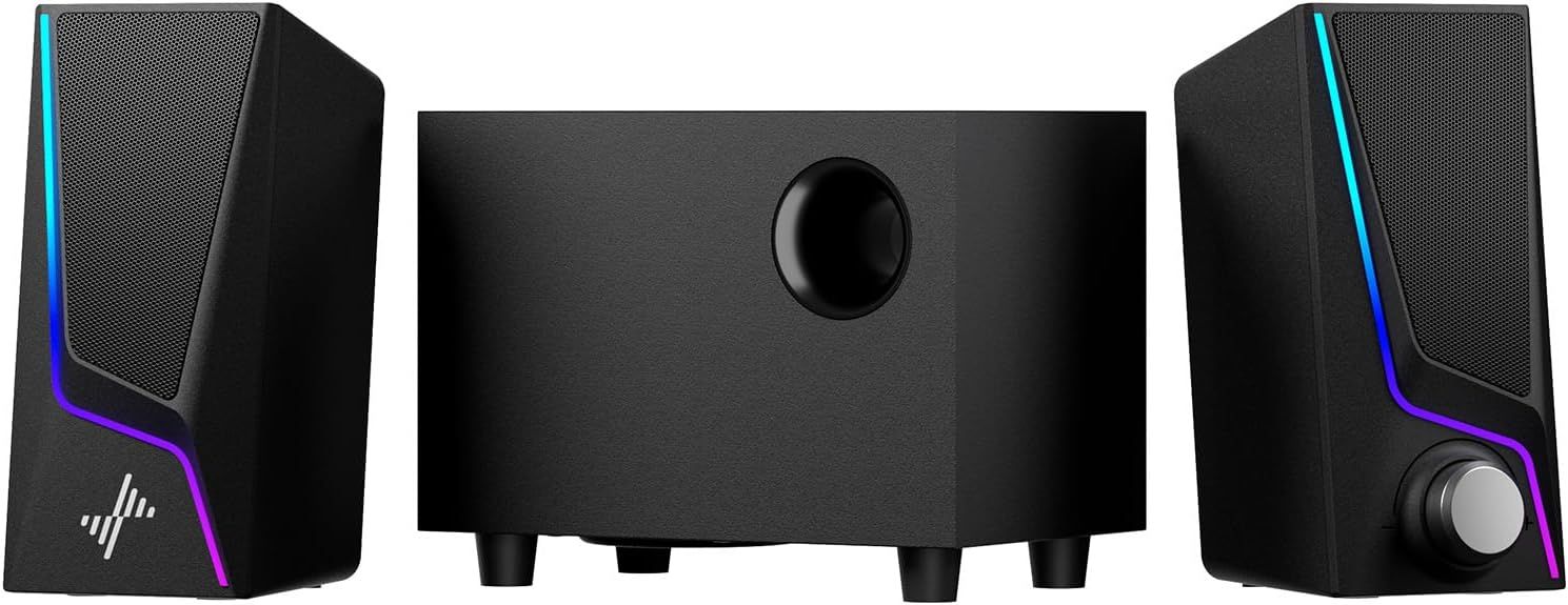 Computer Speakers with Subwoofer, Nylavee 2.1 Hi-Fi PC Speakers System with Enhanced Bass, 6 Lighting Modes, USB/USB-C Powered and 3.5mm Aux-in, Plug and Play for Desktop, Monitor, Laptop, Tablet
