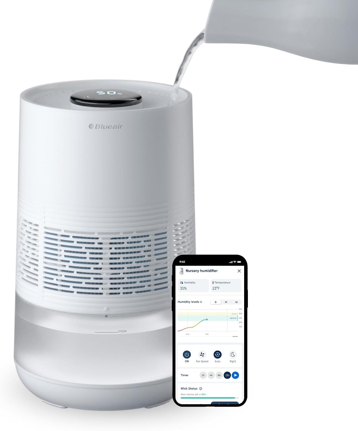 BLUEAIR Premium Smart Humidifier for Large Rooms, Bedrooms, Better Sleep with Evaporative Invisible Mist Tech, Auto Humidify, Easy Top Fill, Smart Control with App, Touchscreen, 3.5L Tank for 48 hours