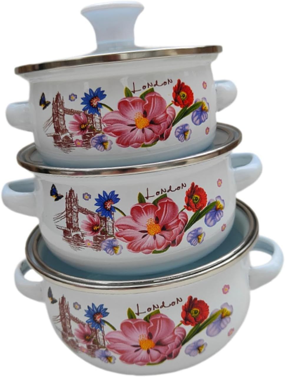 3 Pieces Enamel Stockpot, Stew Bean Simmer Pot, Enamelware Cookware Set, Cooking Pot for Induction Cookers Gas Stove Cooking, A