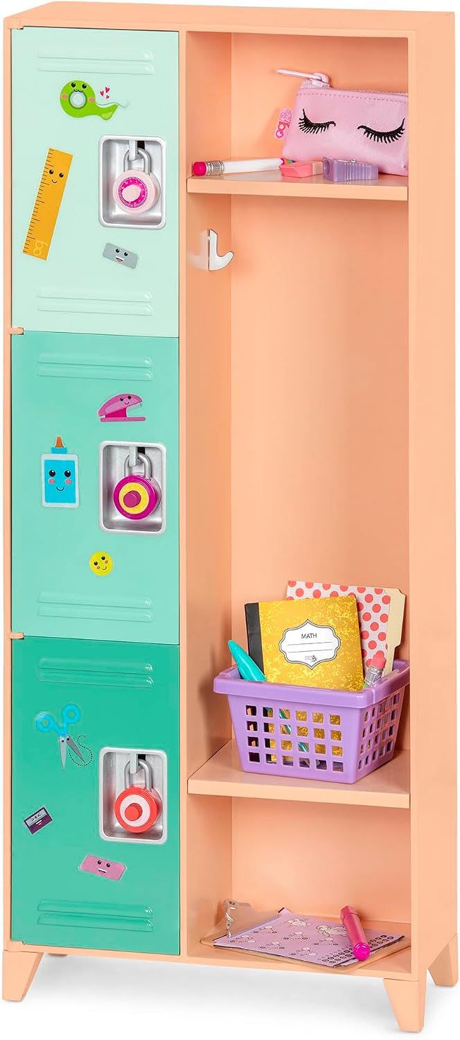 Our Generation 18-Inch Doll School Locker, Classroom Cool Set, Deluxe | 18-piece school accessory set with locker, 3 locks, shelves, stickers, clipboard, pencil case, and supplies, Deluxe, 5+ Years