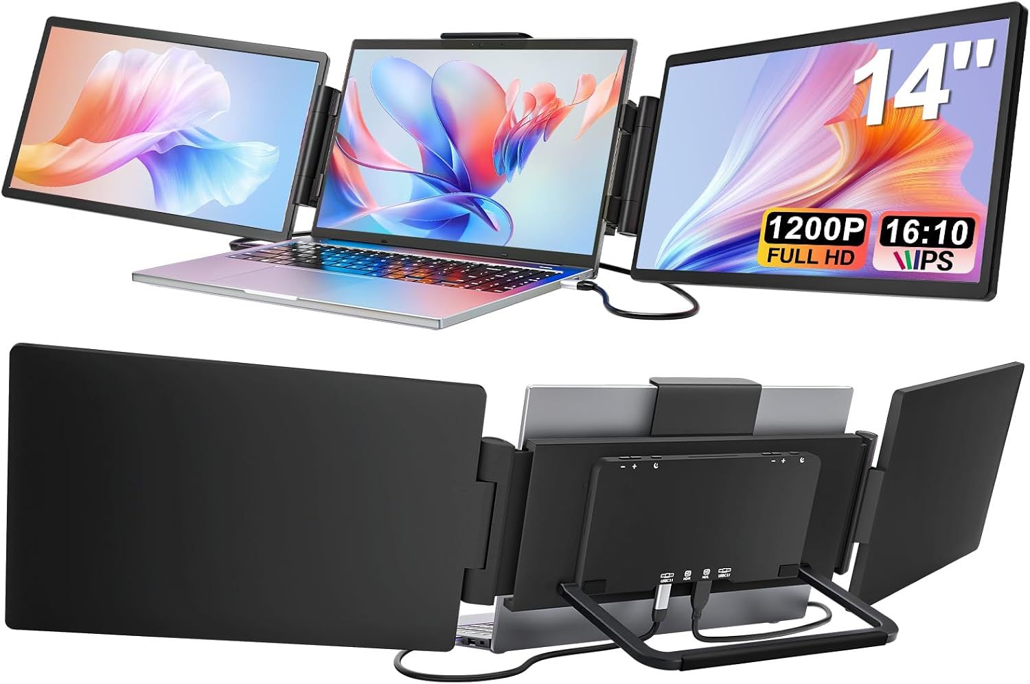 Laptop Screen Extender, 14\\ 1200P FHD IPS Light & Portable Triple Monitor 16:10 for 13.3\\-16\\ Laptops, USB-C & HDMI Plug & Play Monitor Extender with Metal Stand for Mac/Wins/Android/Chrome