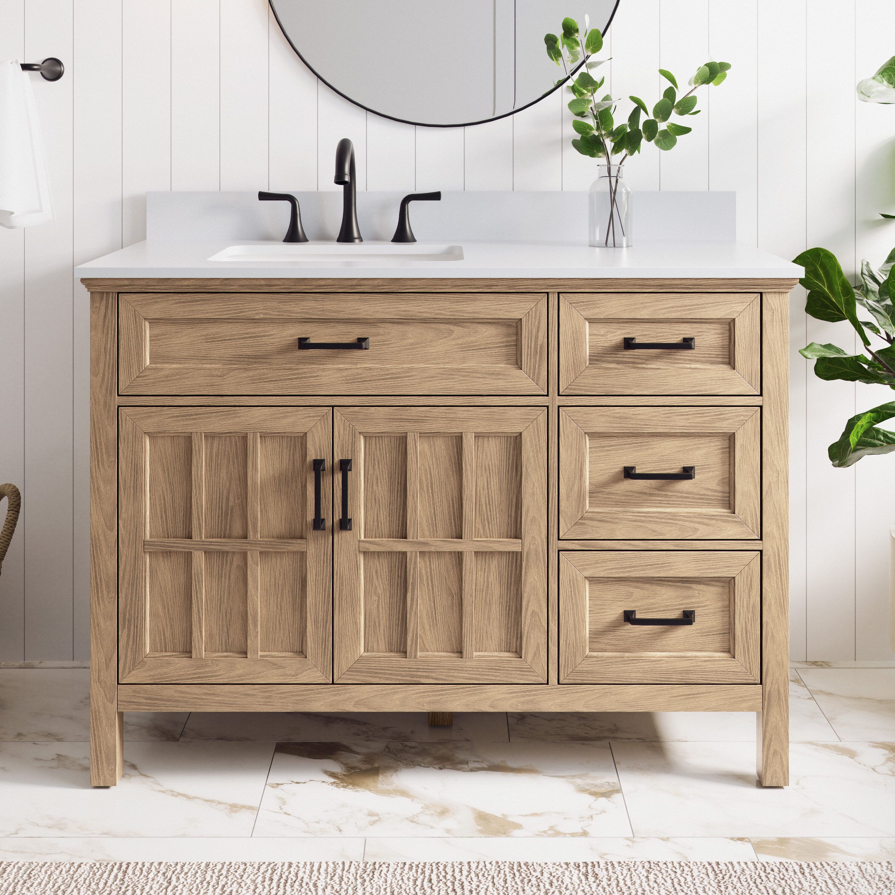 allen + roth Cantrell 48-in Clear Oak Undermount Single Sink Bathroom Vanity with White Engineered Stone Top (Fully Assembled)