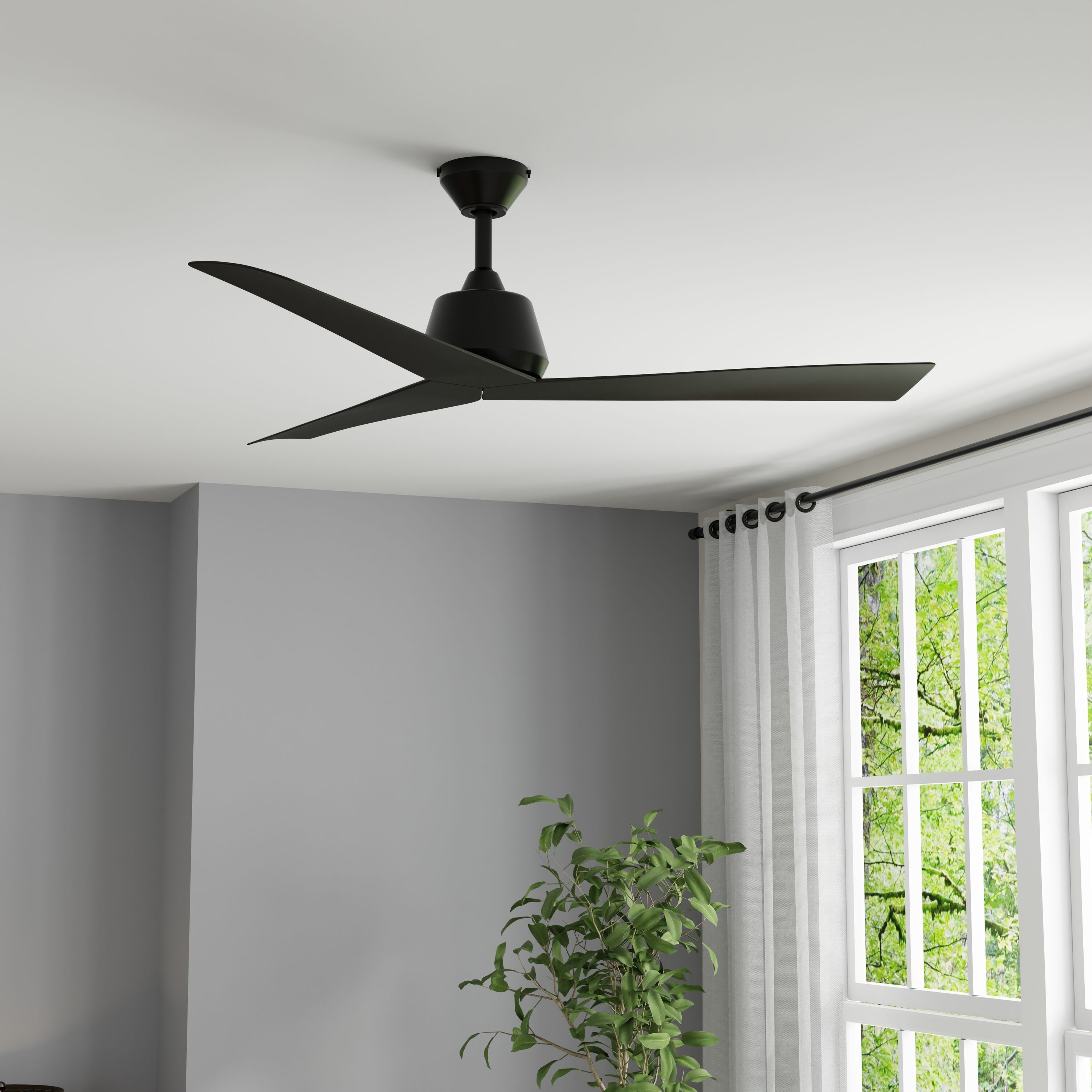 Harbor Breeze Stokes II Easy2Hang 52-in Matte Black with Matte Black Blades Covered Outdoor Downrod or Flush Mount Propeller Ceiling Fan Without Light and Remote Control Included 3 -Blade