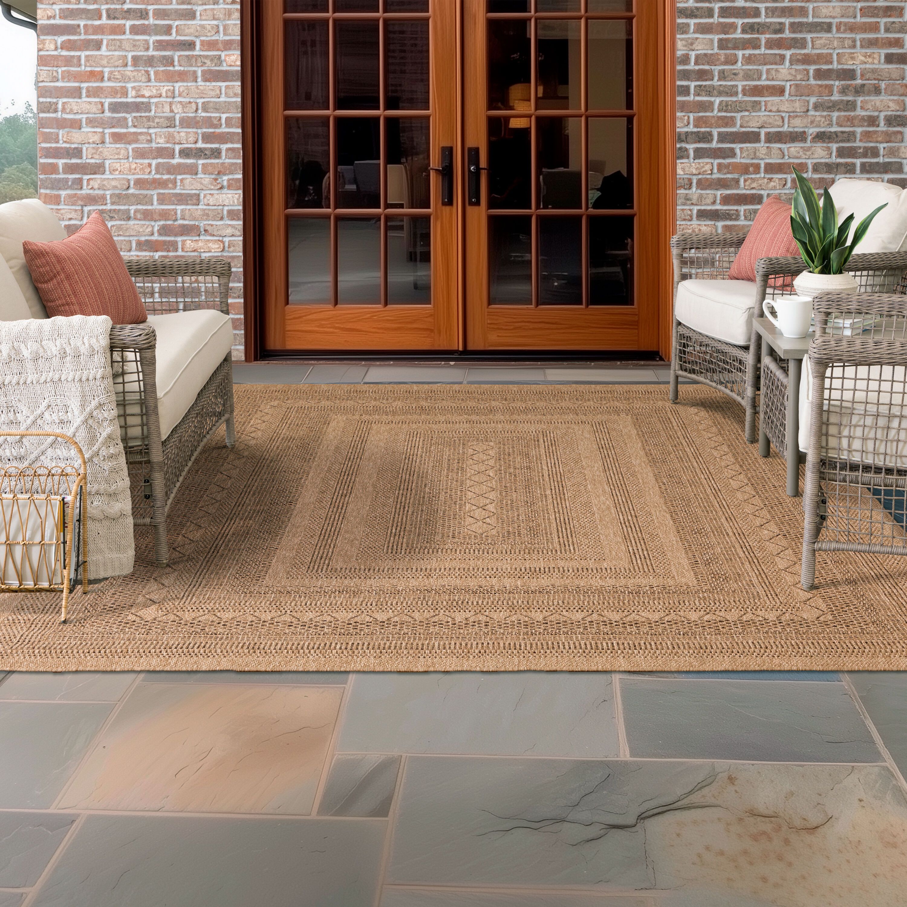 allen + roth with STAINMASTER Jute-Style Woven 8 x 10 (ft) Loomed Polypropylene Tan Rectangular Outdoor Hose Washable Pet Friendly Area rug