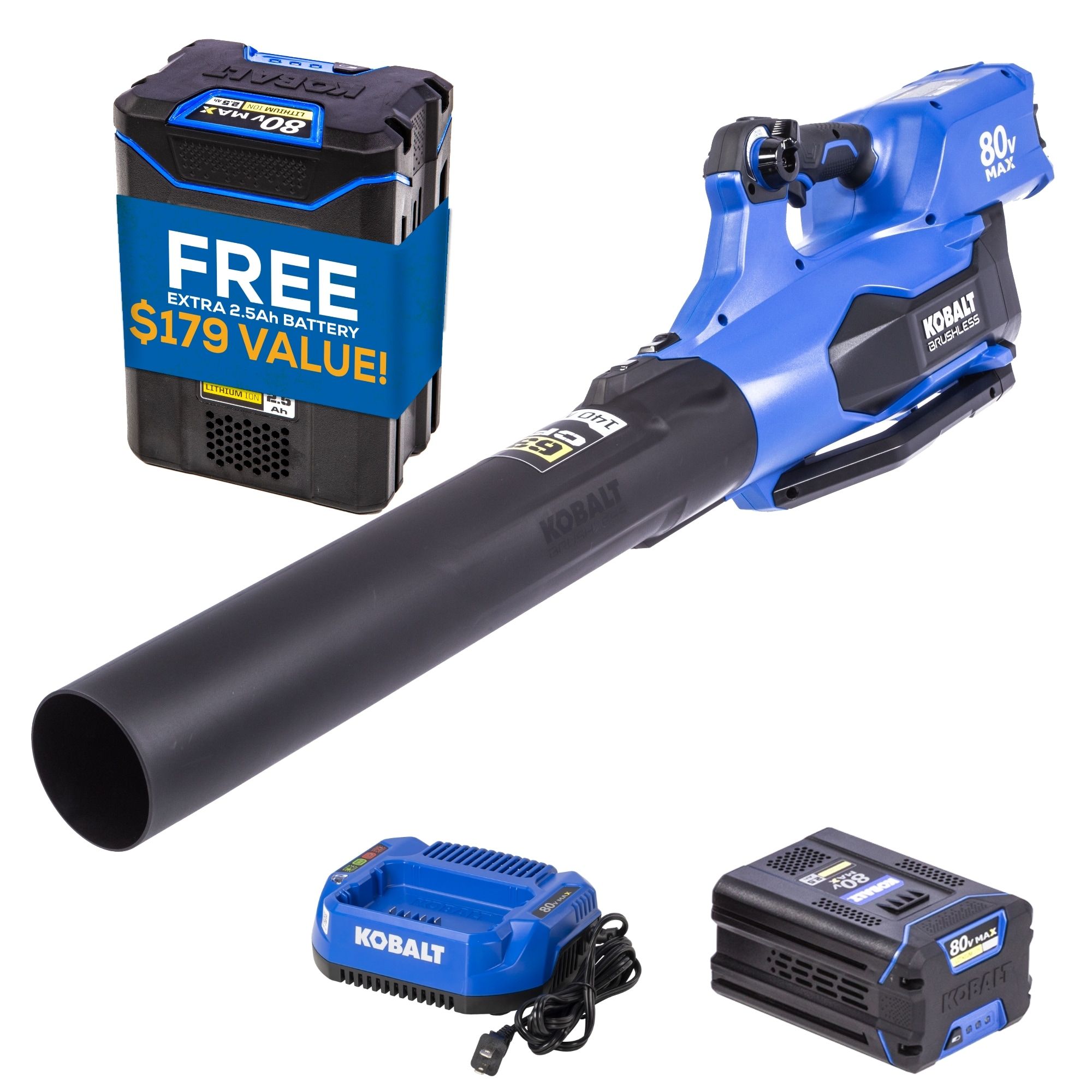 Kobalt 80-volt 630-CFM 140-MPH Battery Handheld Leaf Blower 2.5 Ah Battery Included Charger Included