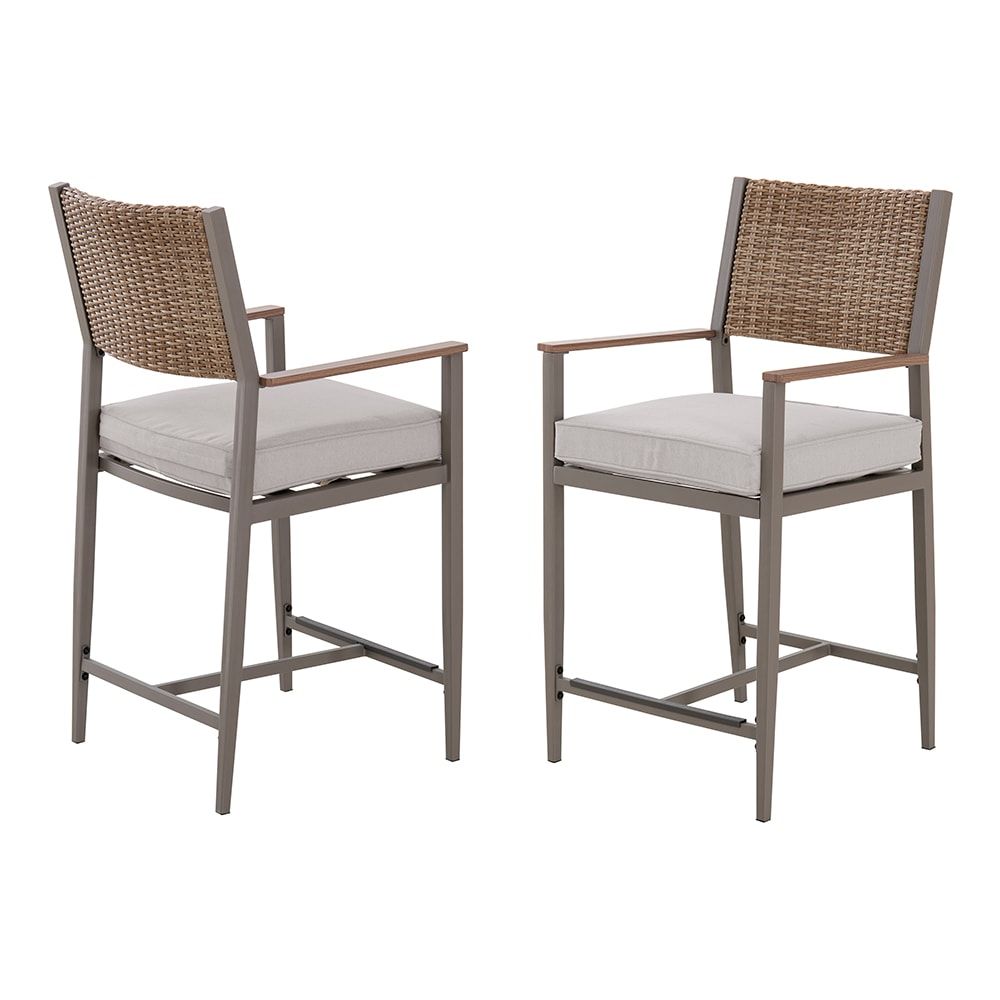 allen + roth Dorsey Set of 2 Wicker Gray Steel Frame Stationary Counter-height Chair with Cream Cushioned Seat
