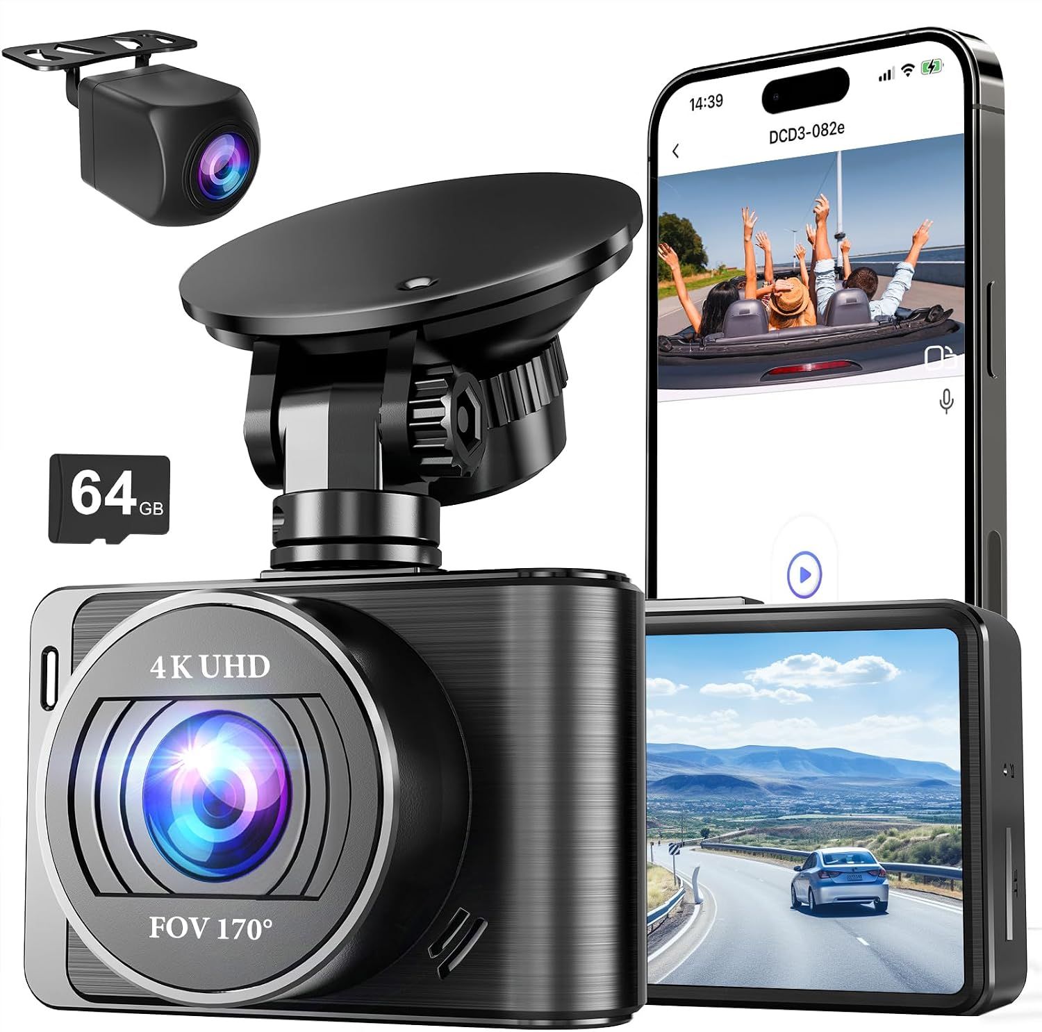 Dash Camera, 4K/1080P Front and Rear Dash Camera, Built-in 5GWiFi, Dash Camera with 64GB SD Card, 2\\ Full HD IPS Display, for App Control, G-Sensor, Loop Recording and Mode