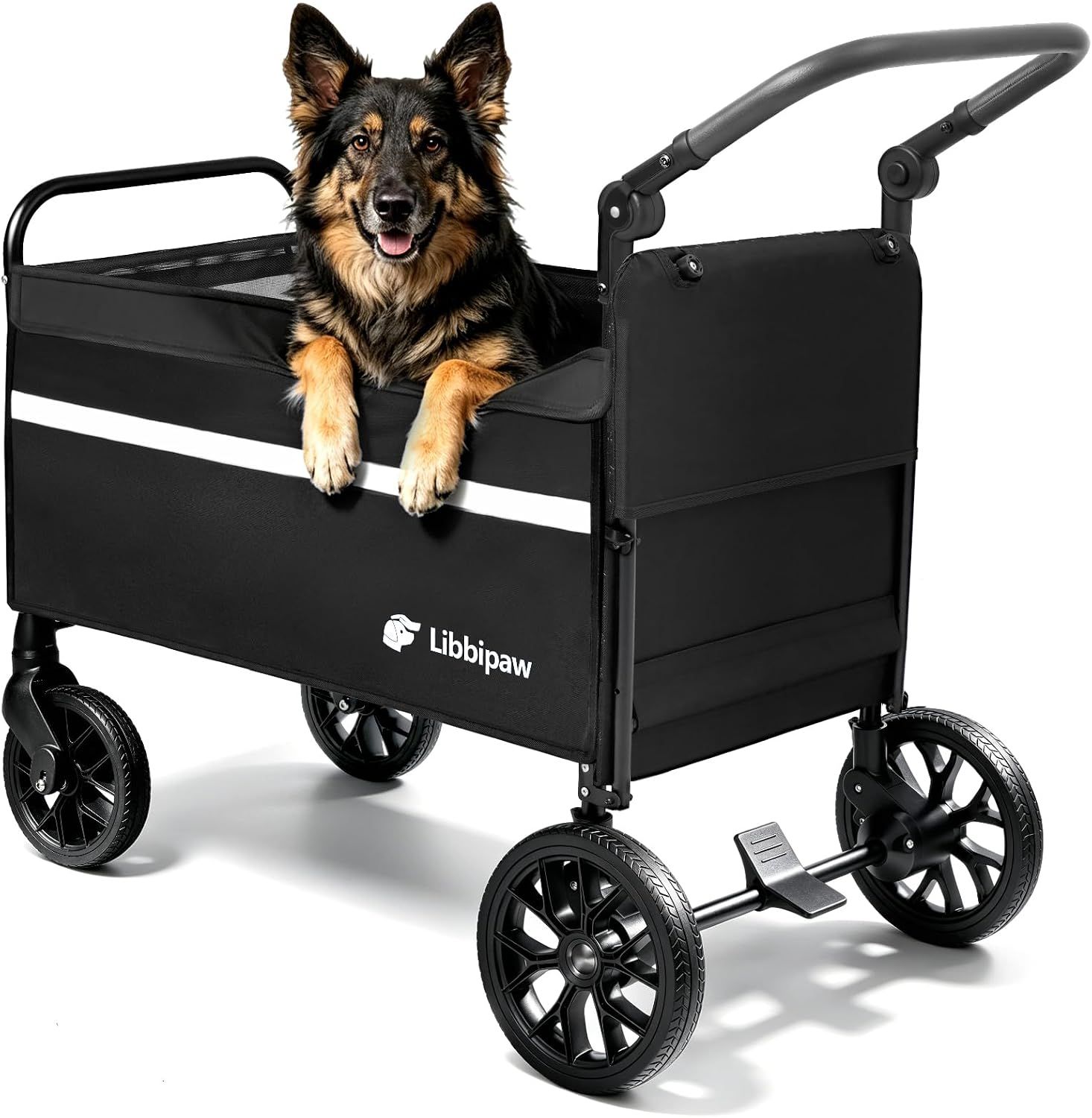 Foldable Dog Wagon with Ramp, Medium & Large Dogs, Black | 200 lb capacity, All-terrain wheels, One-step brake, Adjustable handle, Side pockets