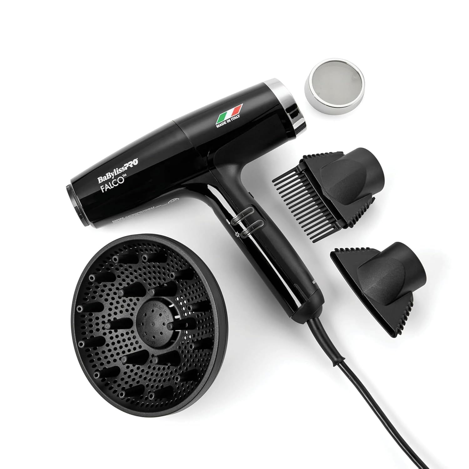 BabylissPRO Falco Professional Ionic High-Performance Digital Hair Dryer, Includes Comb, 2 Nozzles, Diffuser & Replacement Filter, High-Speed Motor, 3 Speed & 4 Heat Digital Settings With Cool Shot
