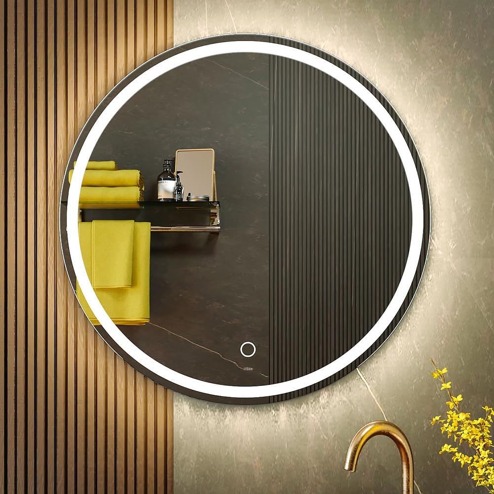KWW 24 Inch Large Modern LED Round Bathroom Vanity Mirror, Color Temperature Adjustable, Anti-Fog Dimmable Lights, Easy to Install, Wall Mounted Makeup Mirror with Smart Touch Button