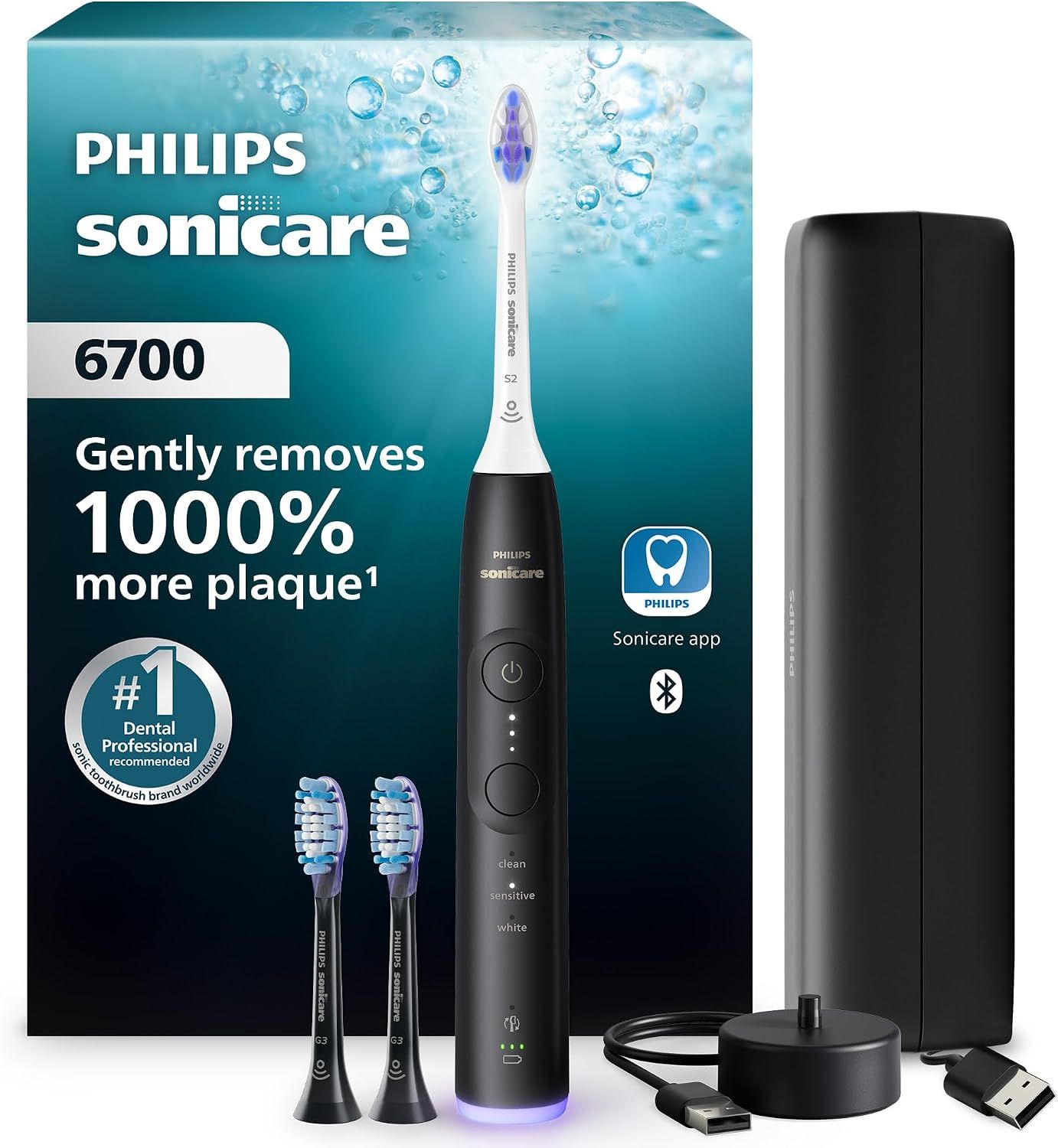 Philips Sonicare 6700 Series Electric Toothbrush - Next-Generation Sonicare Technology, Pressure Sensor, 9 Brushing Settings, SmarTimer, BrushPacer, 21-day Runtime, Travel Case, Black, HX7411/06