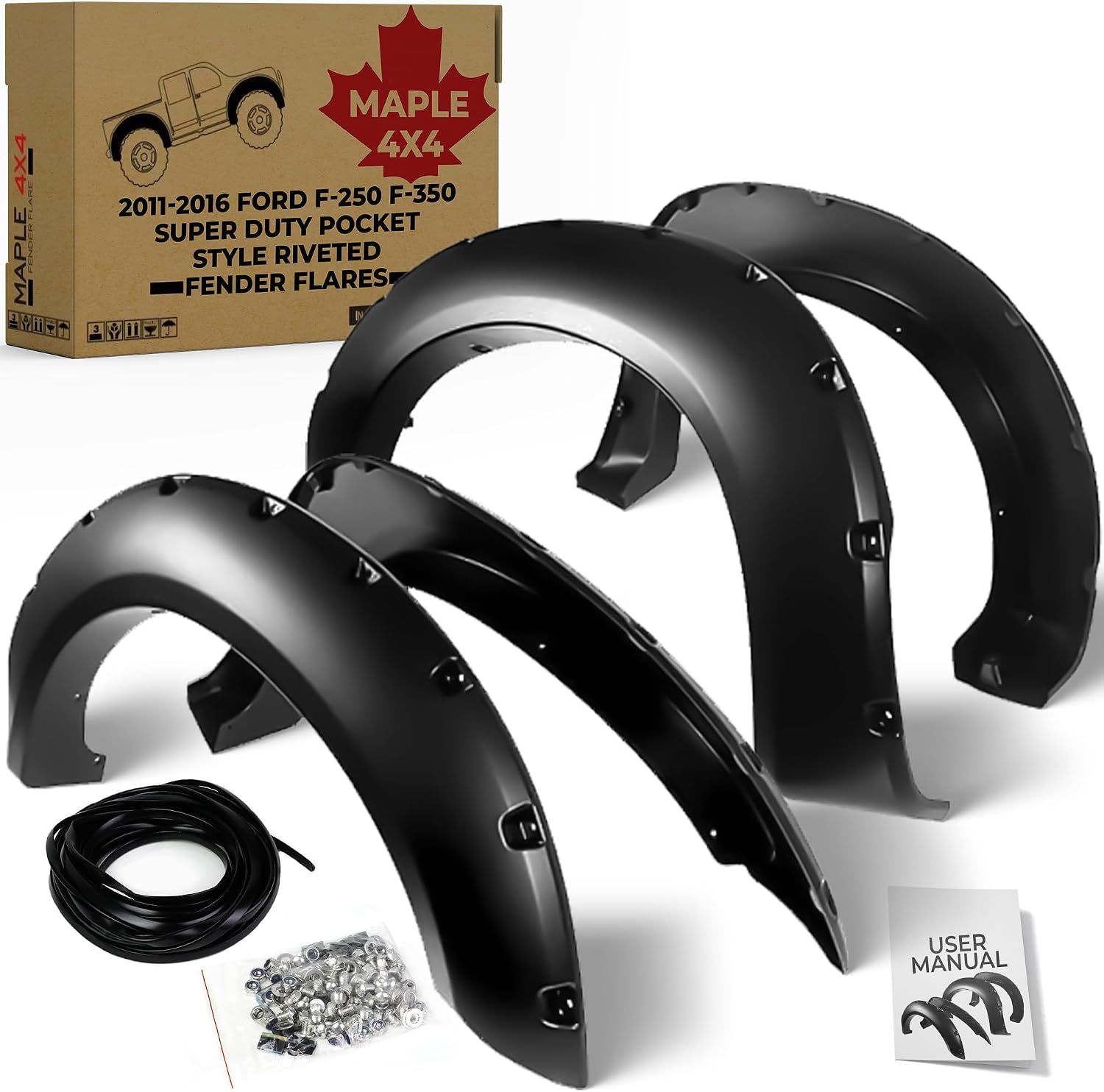 Maple4x4 2011-2016 Compatible with Ford F-250 F-350 Riveted Fender Flares | Fits 2011-2016 Ford F-250 F-350 SD (NOT for dually models) Pocket Riveted Fender Flares Smooth Black Paintable 4pcs - FF103
