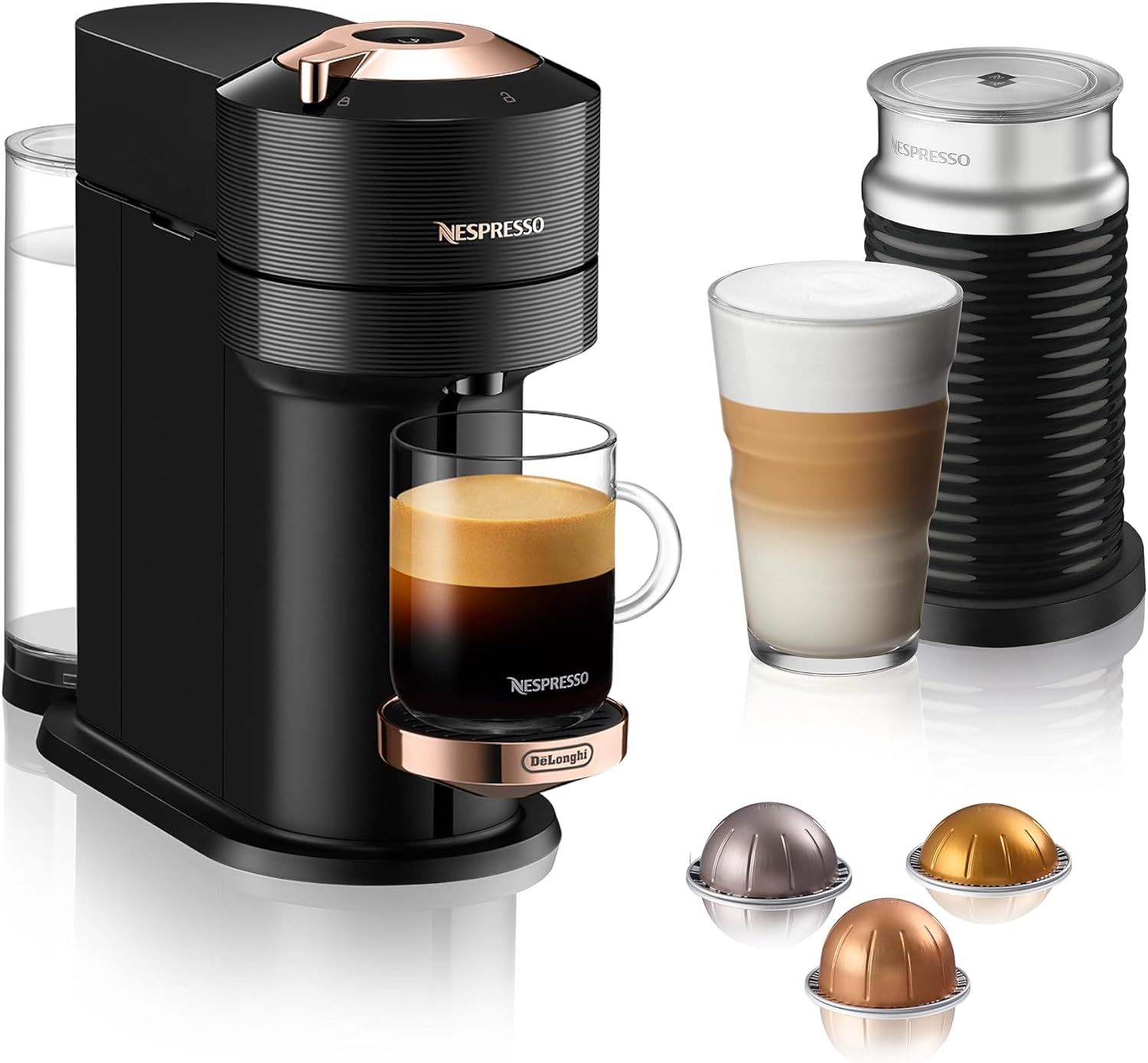 Nespresso Vertuo Next Pod Coffee & Espresso Machine Black with Milk Frother | By De\\'Longhi. Centrifusion technology, full range from espresso to sharable Carafe, up to 7 cup sizes. Milk Frother incl.