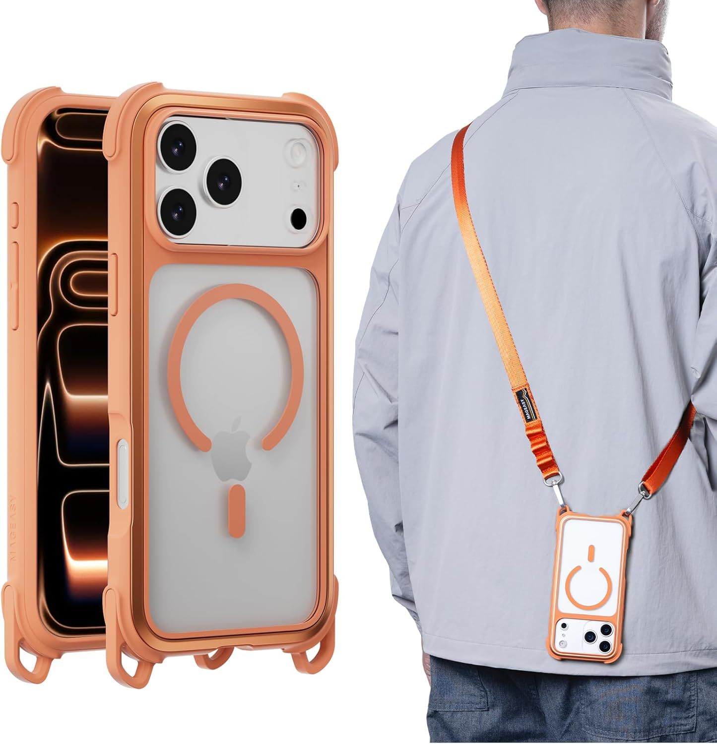 MAGEASY Odyssey MagSafe Crossbody iPhone Case with Strap for iPhone 17 Pro Max 6.9, 20ft Drop Protection, TPU Leather Shoulder Phone Carrying Case with Adjustable Lanyard (Coral)