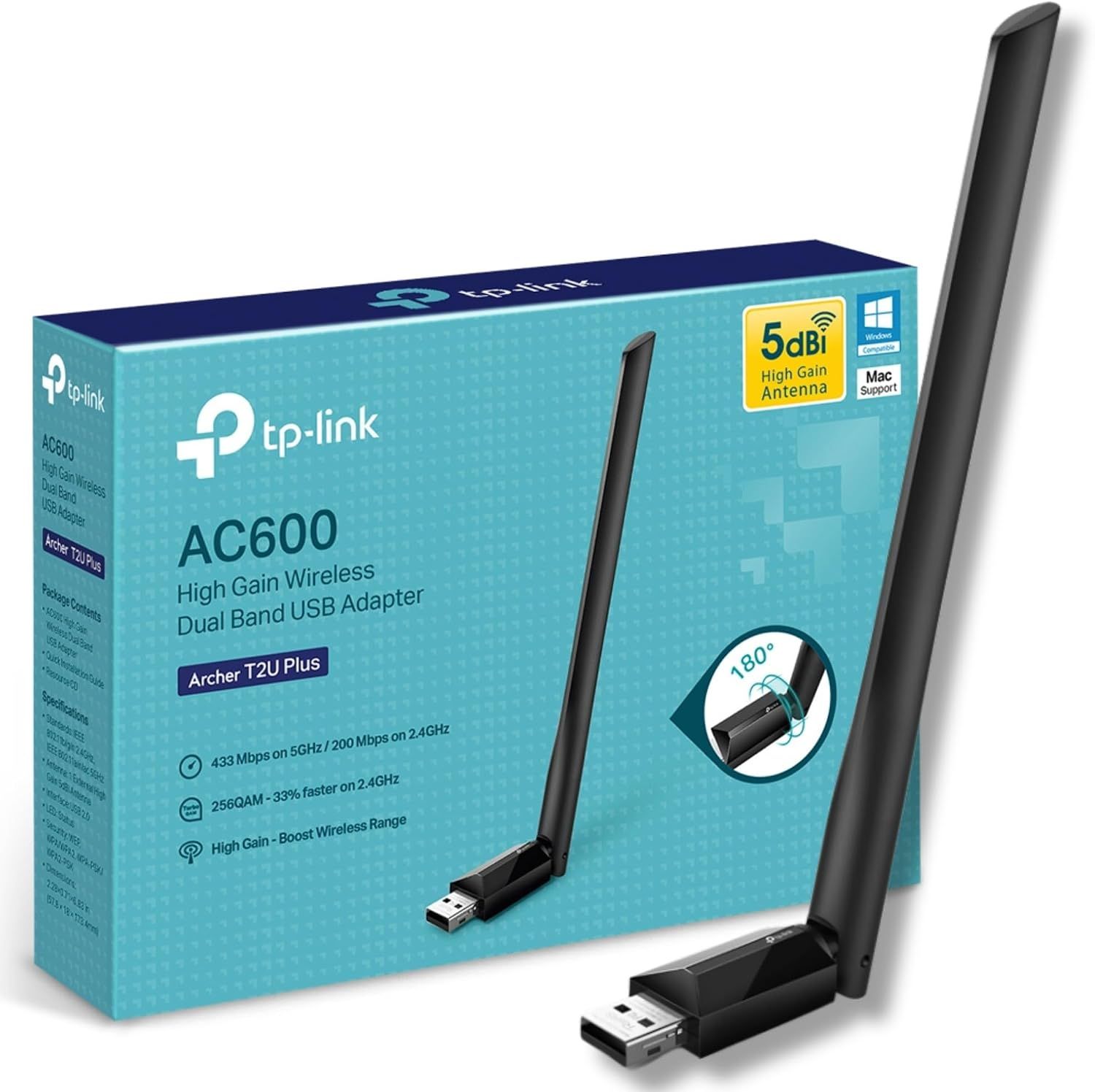 TP-Link AC600 High Gain USB Wi-Fi Dongle, Dual Band Wi-Fi Adapter with 5dBi Antenna for PC/Desktop/Laptop, Supports Windows10/8.1/8/7/XP, Mac OS X 10.9-10.14 (Archer T2U Plus)