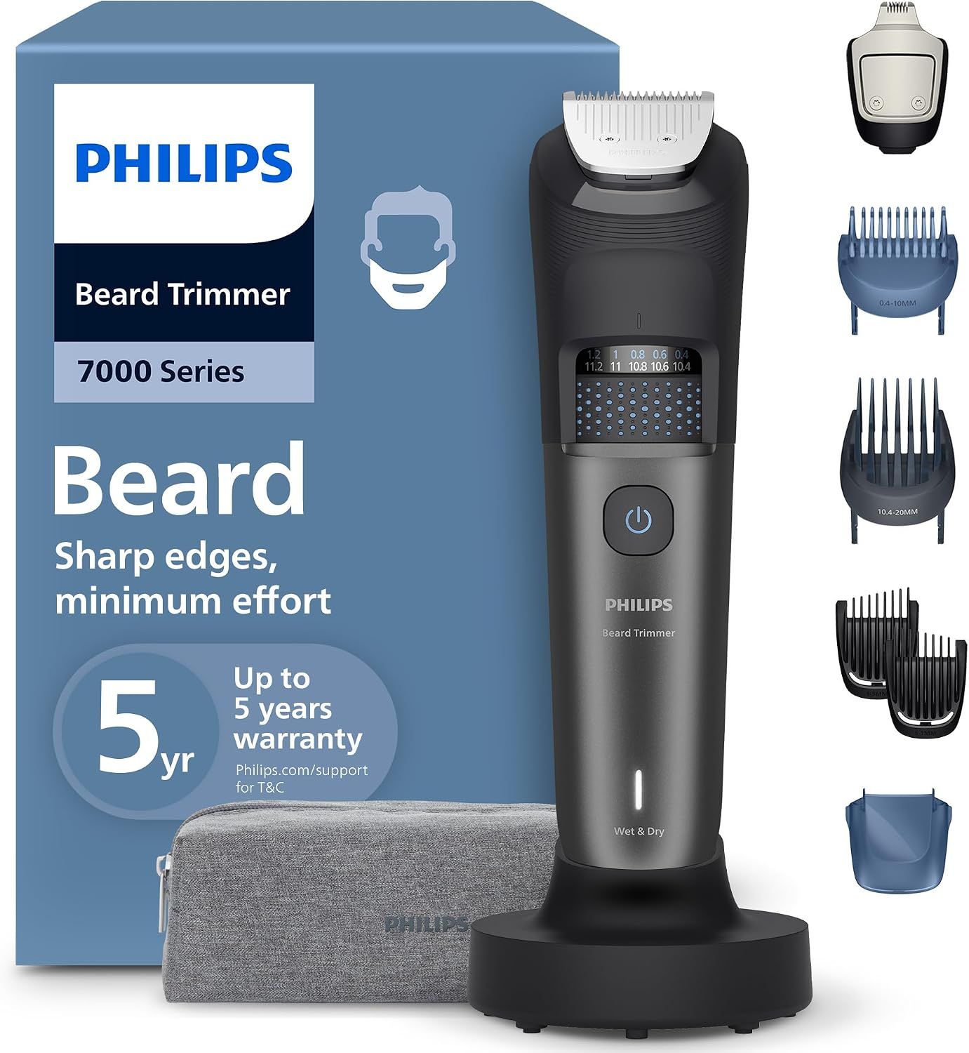 Philips Beard Trimmer 7000 Series - Self-sharpening Metal Blades, 40 Lock-in Settings, BeardSense Technology, Hair Collector, 100% Waterproof, Charging Stand, Travel Pouch, Model BT7665/15