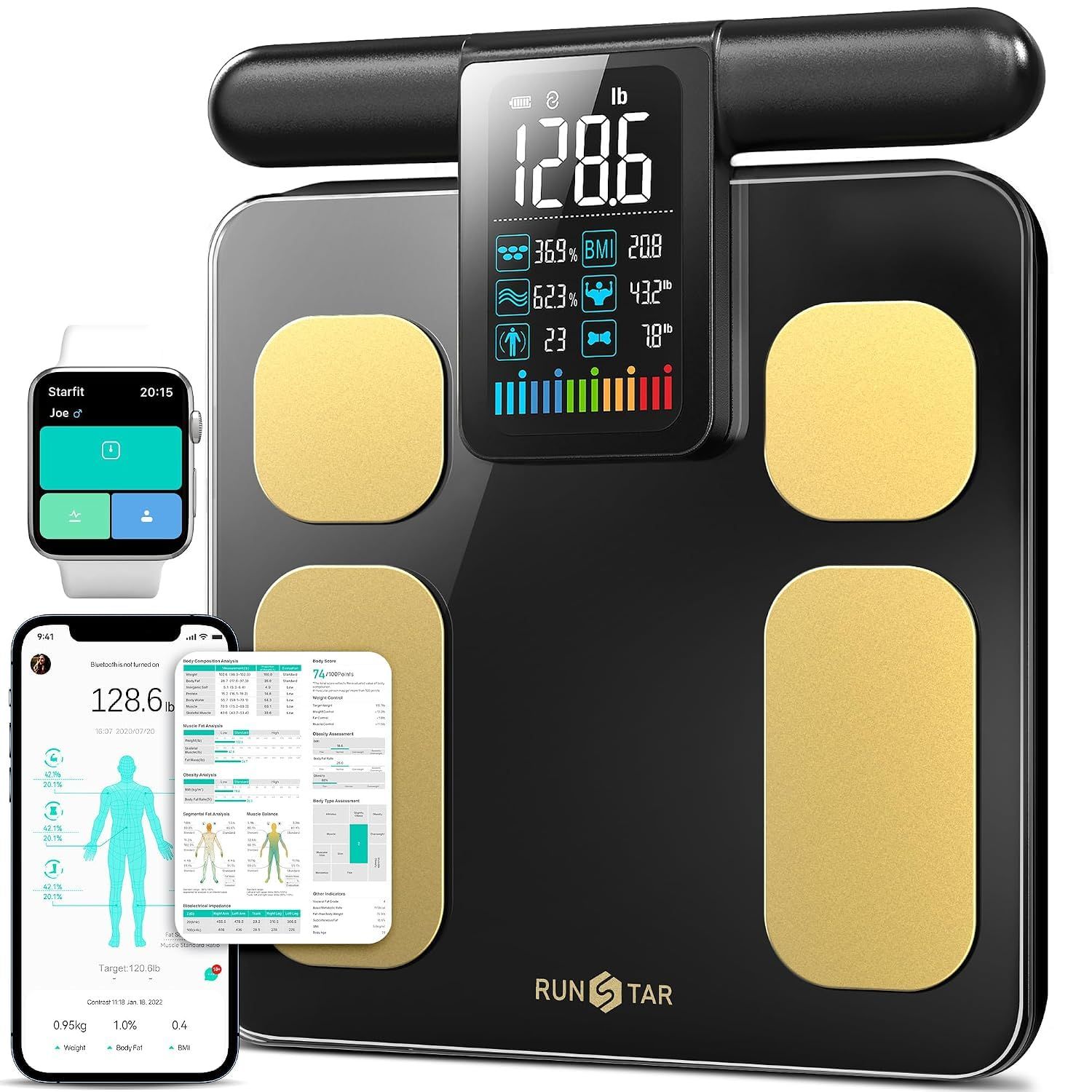 RunStar Scale for Body Weight and Fat Percentage, 8 Electrodes High Precision Digital Scale for BMI 20 Body Composition Measurement, Bathroom Smart Scales with Large Color Display FSA or HSA Eligible