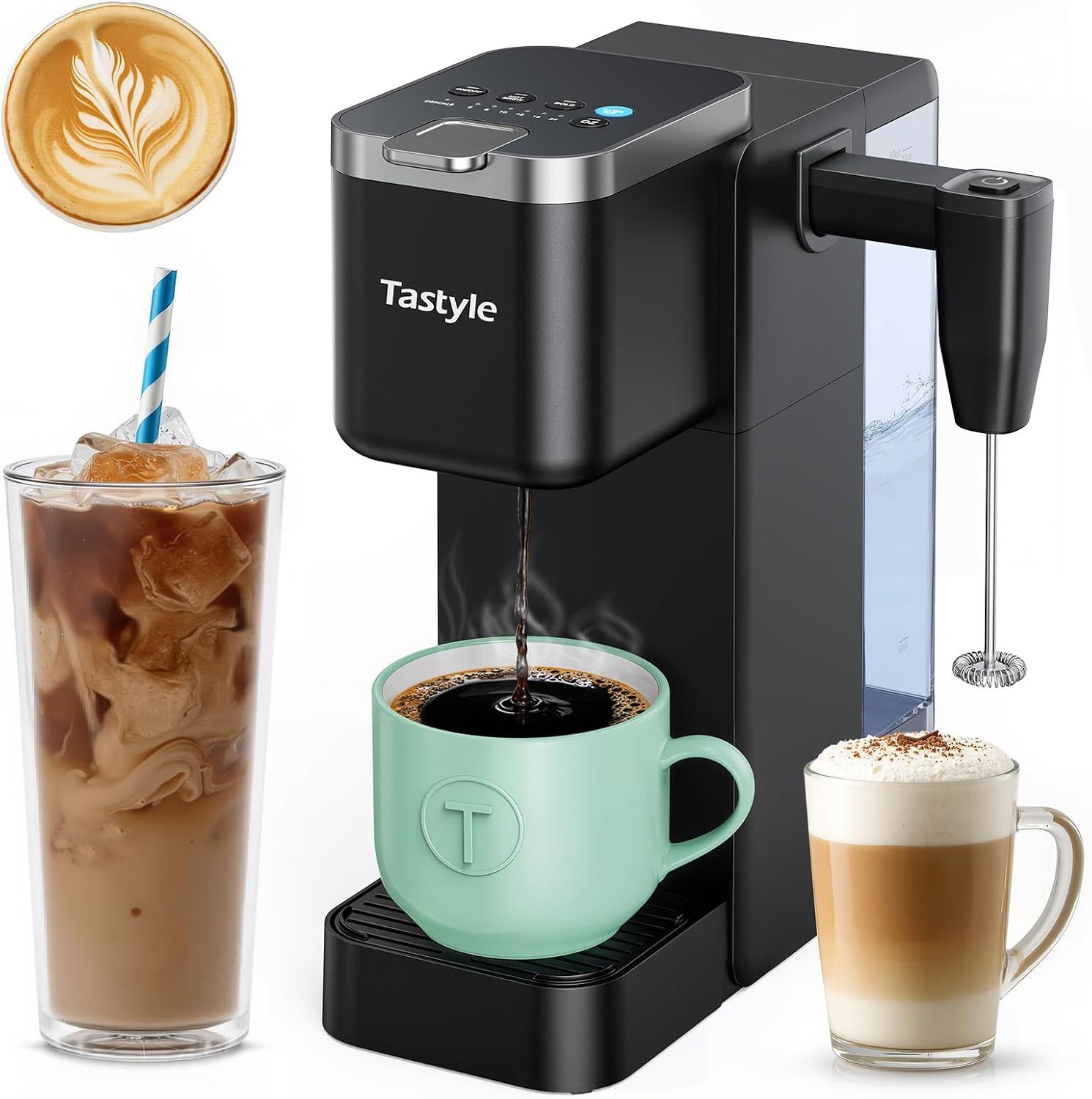 Tastyle Single Serve Coffee Maker with Built-in Detachable Milk Frother, Iced and Hot Coffee Machine for K Cup & Grounds, 40oz Removable Water Reservoir, 6 Cup Sizes, Fits 7.3\\ Travel Mug, Black
