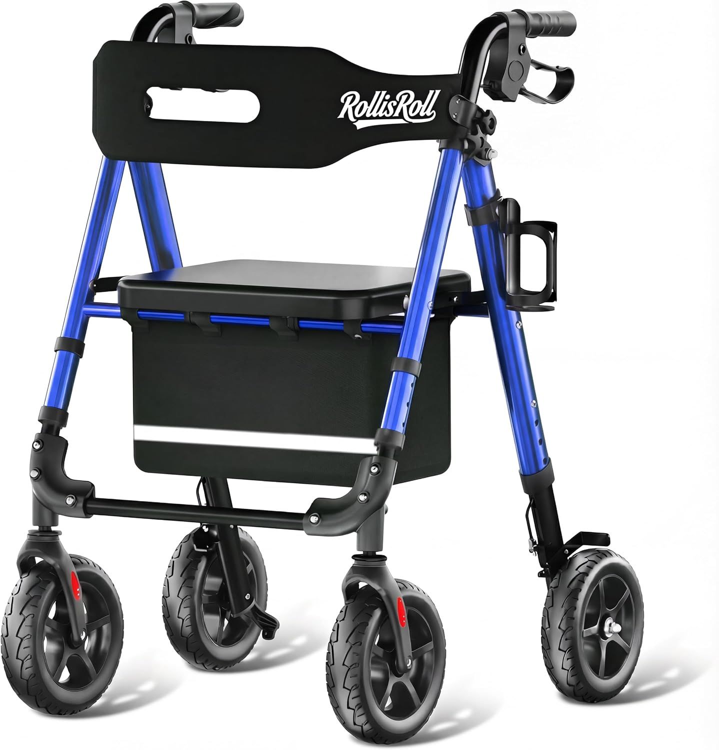 Walkers for Seniors with Seat, Lightweight Foldable Rollator Walker, Built in Cable, Reinforced Aluminum Frame, 8 Big Rubber Wheels for All Terrain, Adjustable Height, 350lb Weight Capacity, Blue