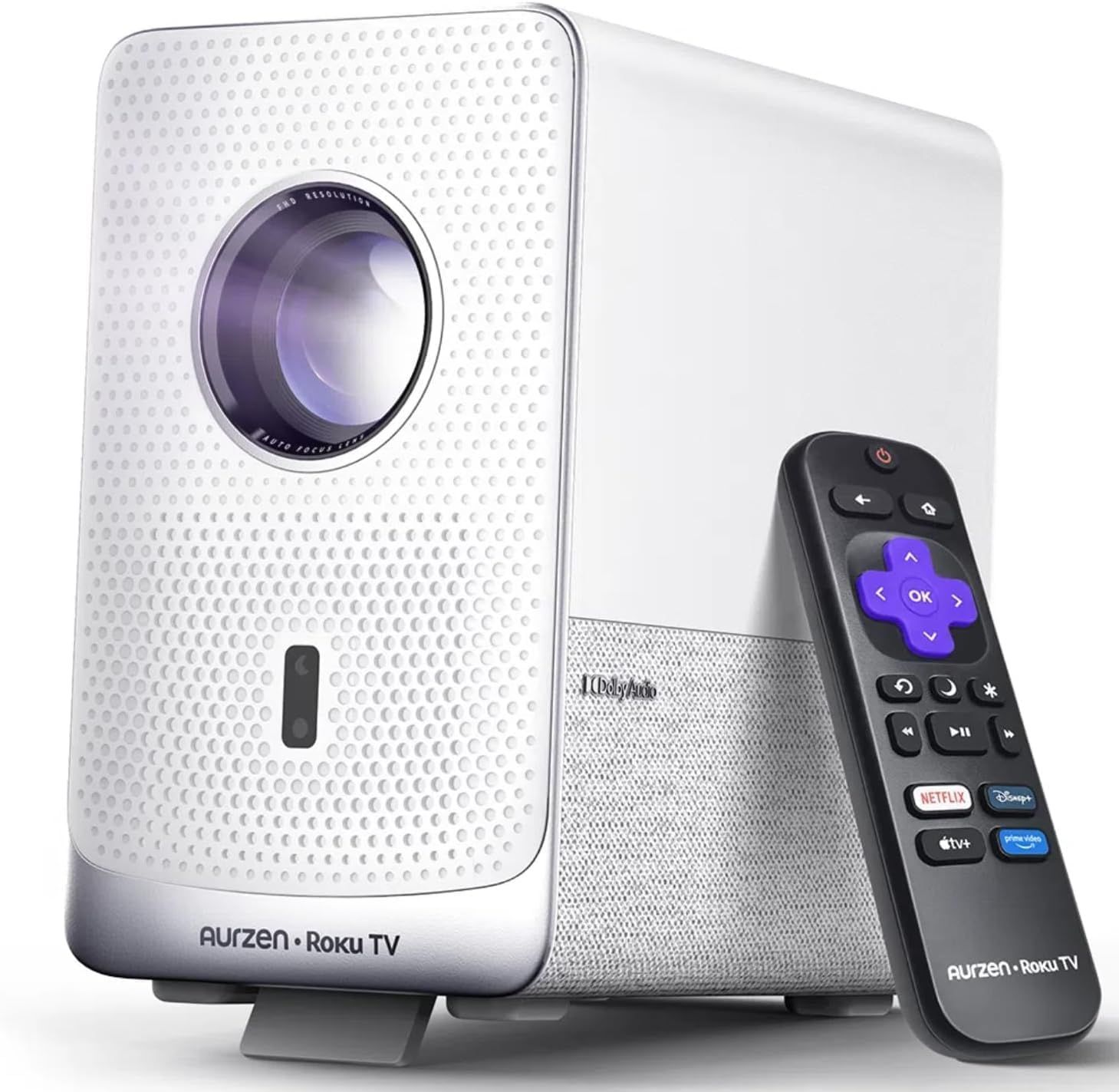 Aurzen Roku TV Smart Projector with Wifi and Bluetooth, D1R Cube Roku Streaming Experience Built-in, Sealed Optical Engine, 1080P FHD, DoIby Audio,Portable Mini Projector for Soccer Game/Outdoor Movie