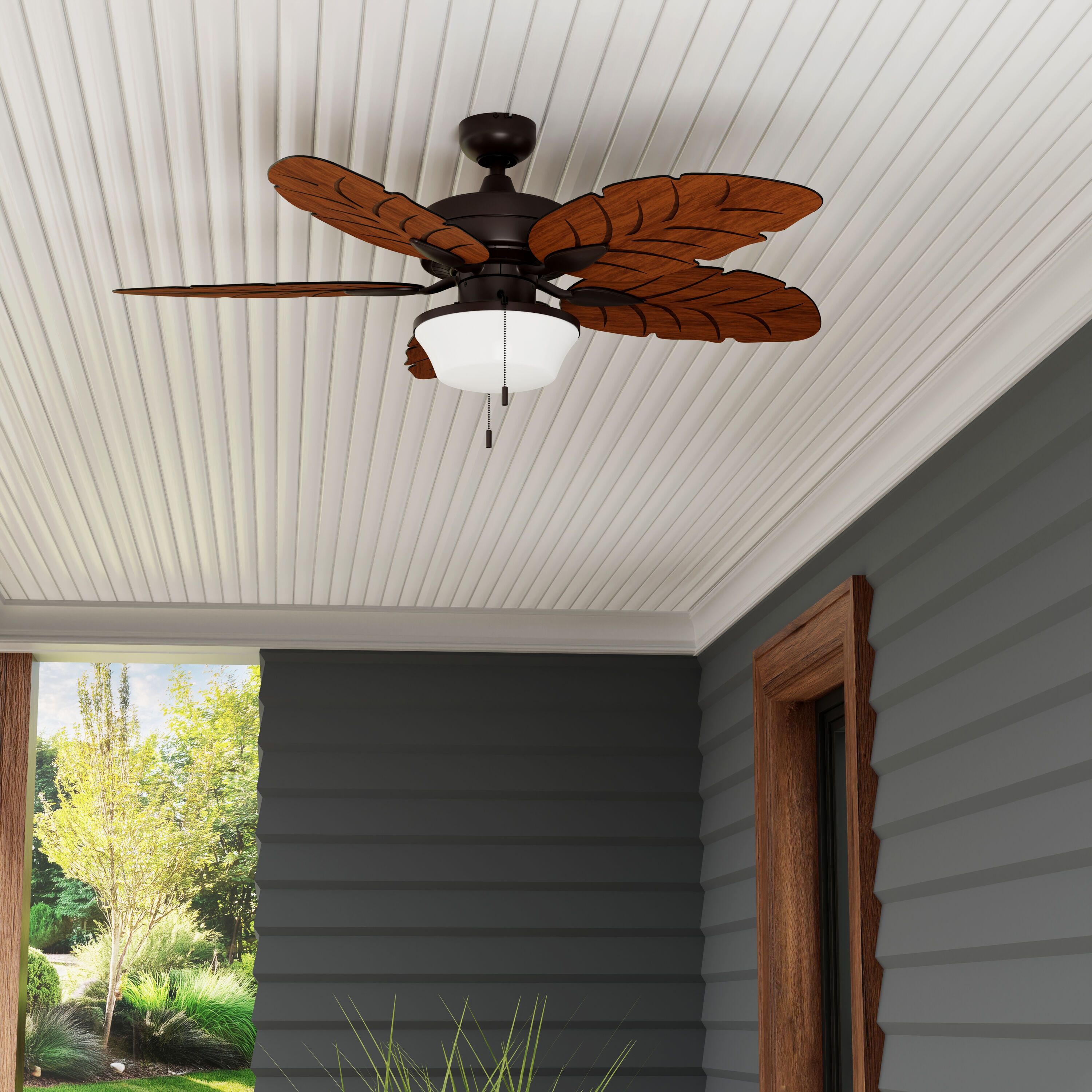 Harbor Breeze Waveport 52-in Aged Bronze with Brown Blades Covered Outdoor Downrod or Flush Mount Ceiling Fan With Light and Pull Chain Included 5 -Blade