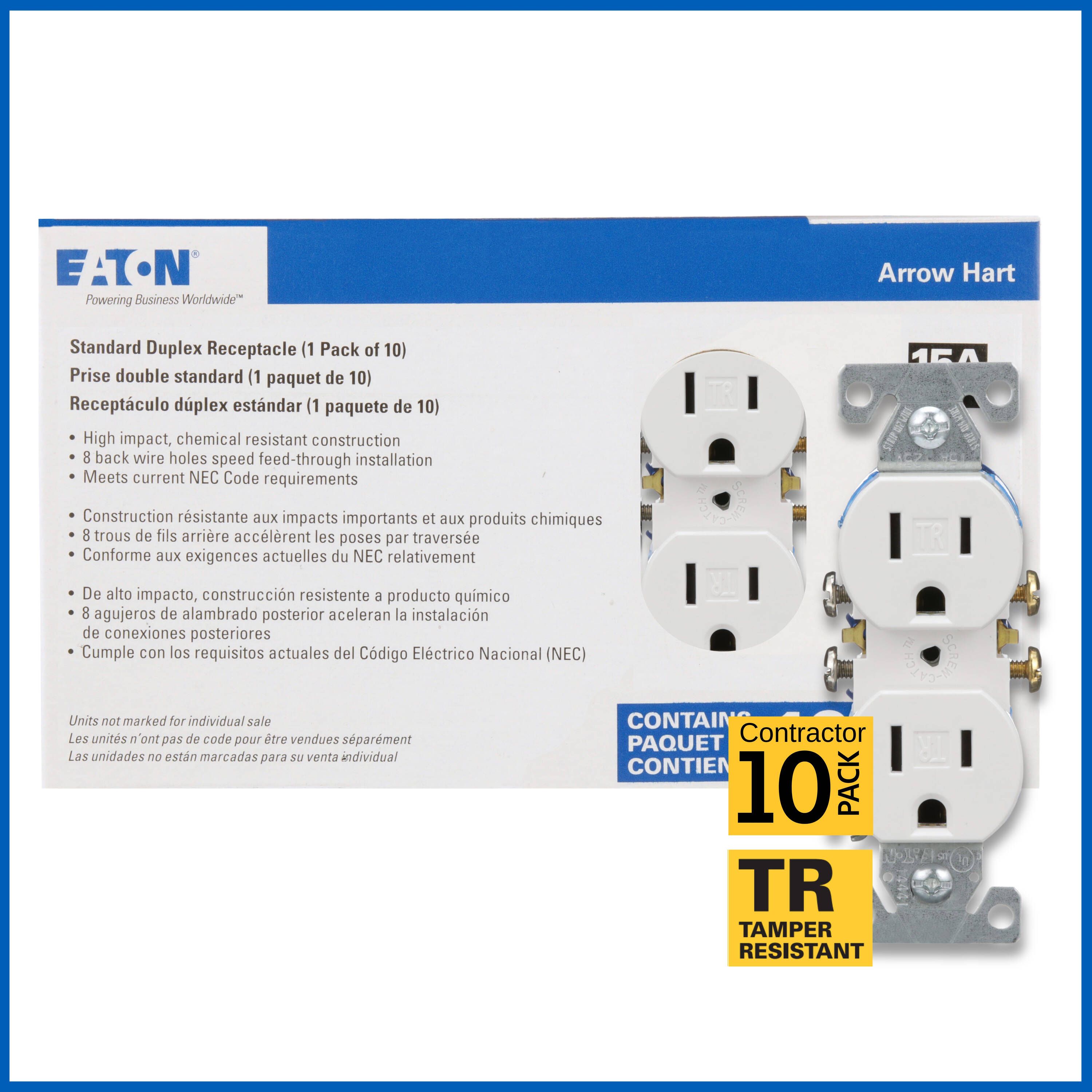 Eaton 15 -Amp 125-volt Tamper Resistant Residential Duplex Outlet Receptacles, White 10 -Pack