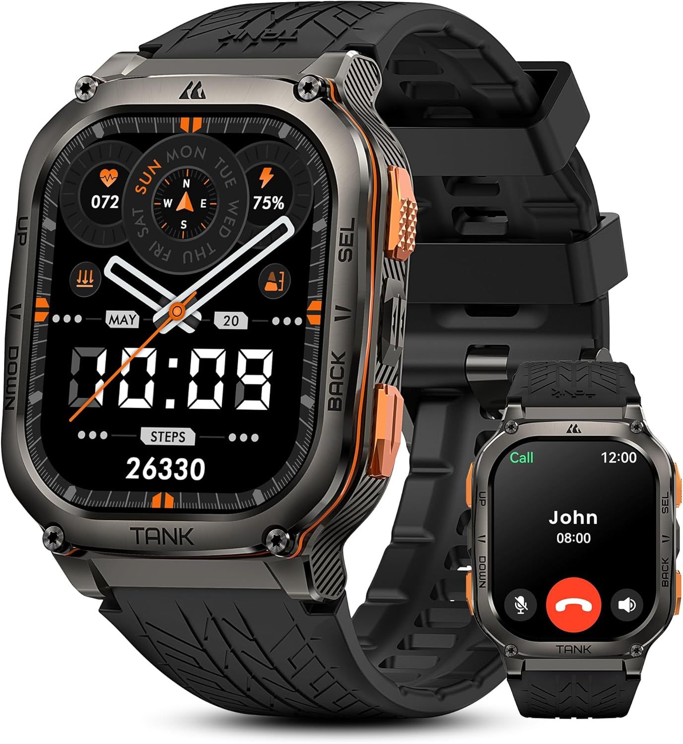 KOSPET Tank M3 Ultra Smart Watch with GPS, 5ATM Waterproof, Compass, Altitude, Air Pressure, 480mAh Extra Large Battery, Full Stainless Steel, Bluetooth Call, AMOLED Always-on Display Black