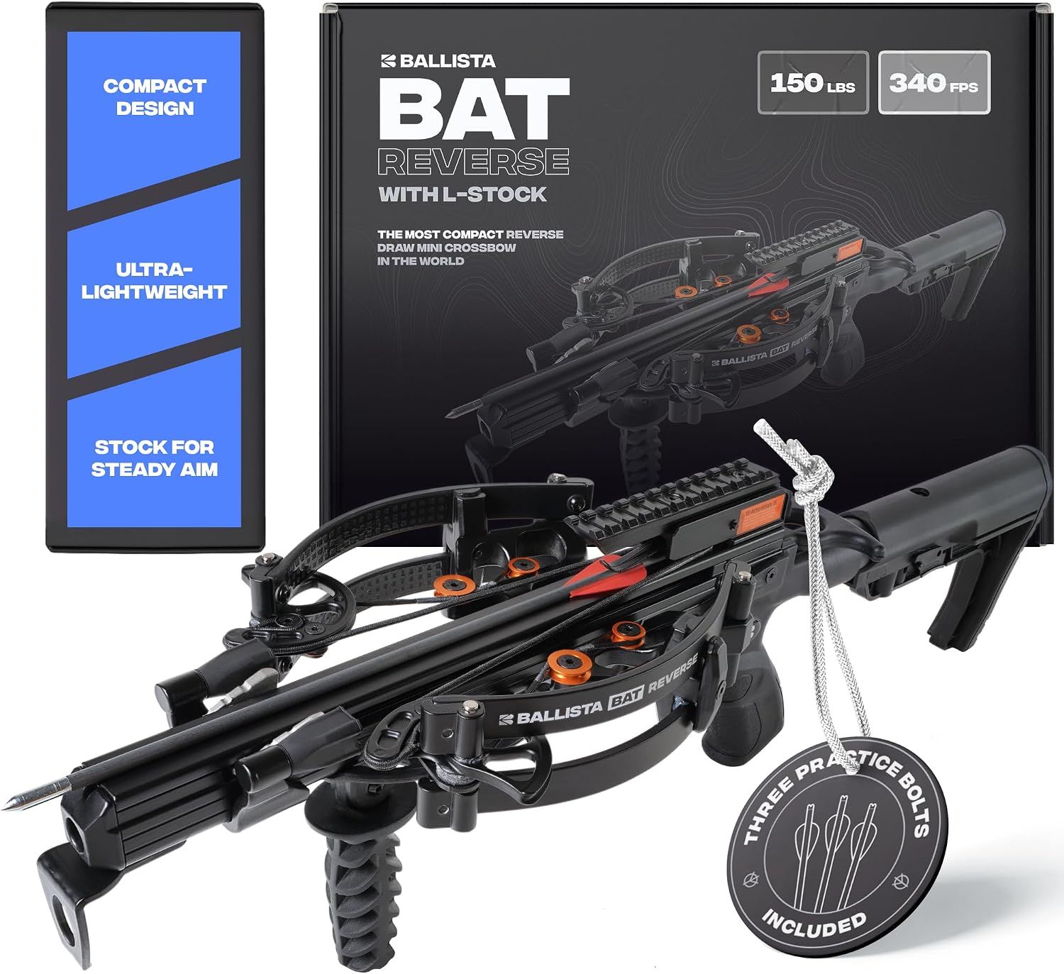 BALLISTA BAT Reverse Draw Compound Crossbow with Buttstock for Hunting, Bowfishing and Target Shooting – 340 FPS, 150 lb Draw Weight, Lightweight 4 lb Design
