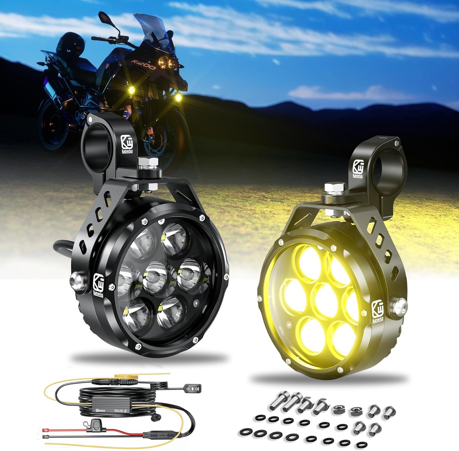 Kewig - 90W Motorcycle Additional LED Light Amber/Yellow White Auxiliary Headlights Two Tone Fog Lights with Wiring Harness Off Road Work Light Compatible with