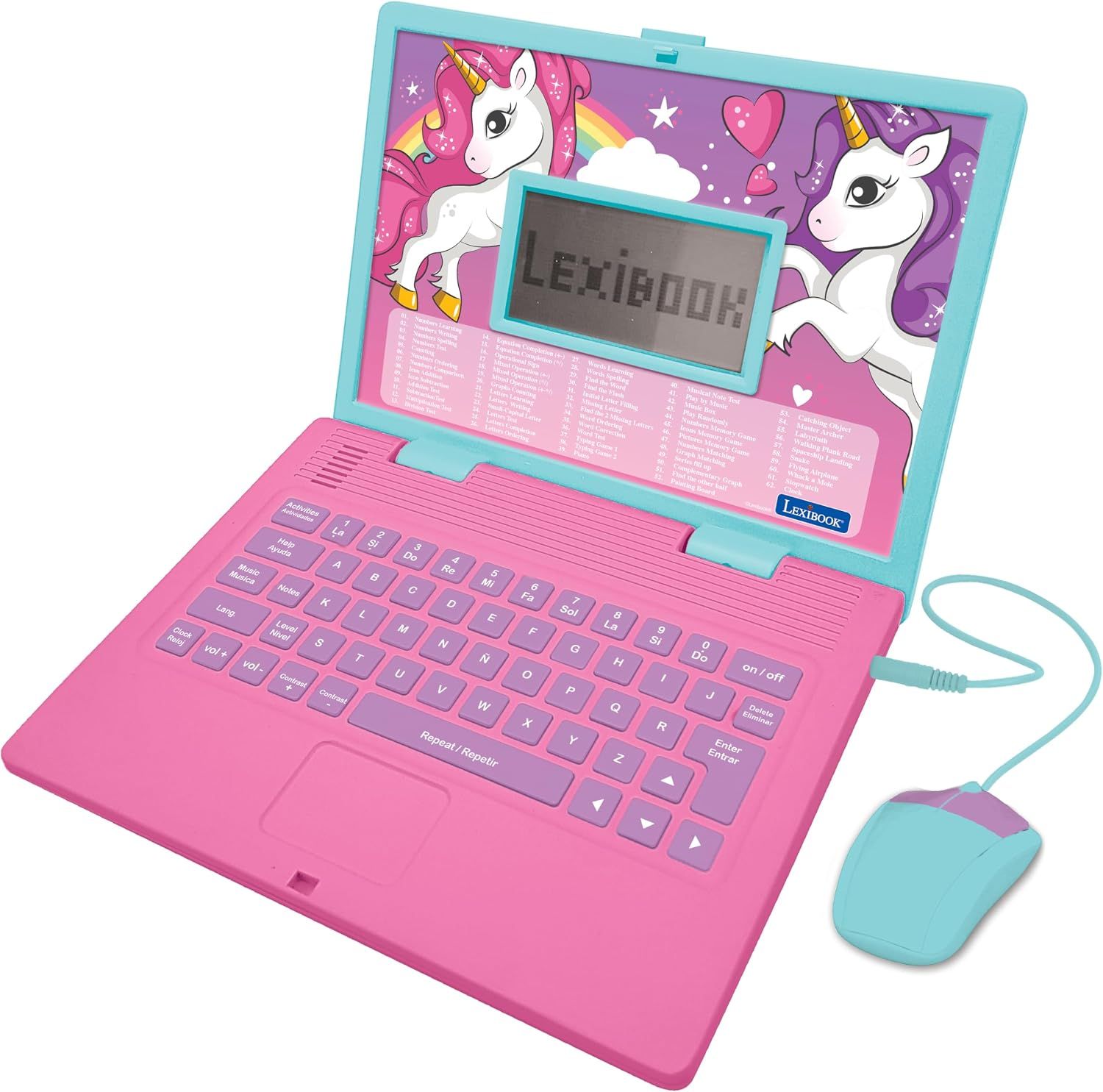 LEXIBOOK, Unicorn, Educational Computer and Bilingual in English/Spanish, Toy for Children with 124 Activities for Learning, Playing and Listening to Music, Pink, JC598UNIi2