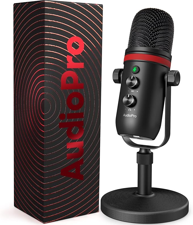 USB Microphone - AUDIOPRO Computer Condenser Gaming Mic for PC/Laptop/Phone/PS4/5, Headphone Output, Volume Control, USB Type C Plug and Play, LED Mute Button, for Streaming, Podcast, Studio Recording