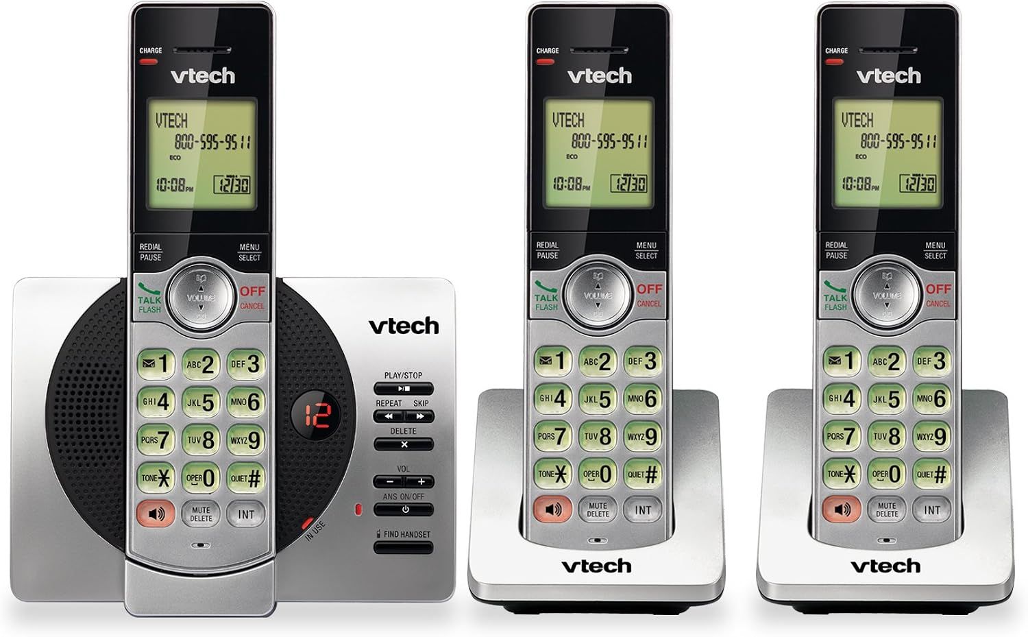 VTech DECT 6.0 3-Handset Cordless Phone with ITAD, CID, Backlit Keypads and Screens, Full Duplex Handset Speakerphones, Call Block Silver/Black, CS6929-3