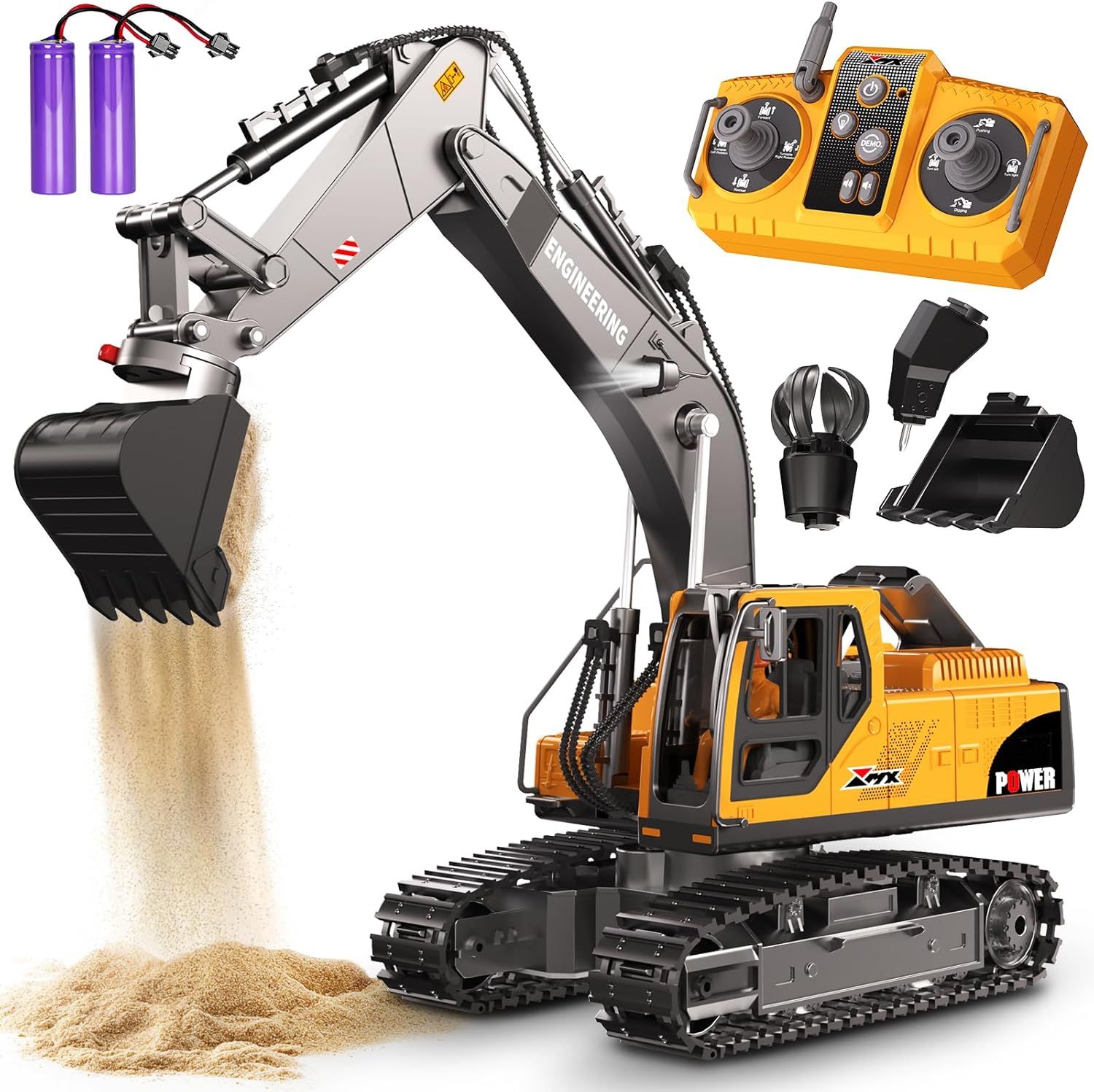 Remote Control Heavy Duty Excavator Toys for Boys, 3 in 1 RC Excavator with Metal Bucket, Rock Breaker and Grapples, 680° Rotatable Lights Sounds RC Construction Vehicle Toys for Boys