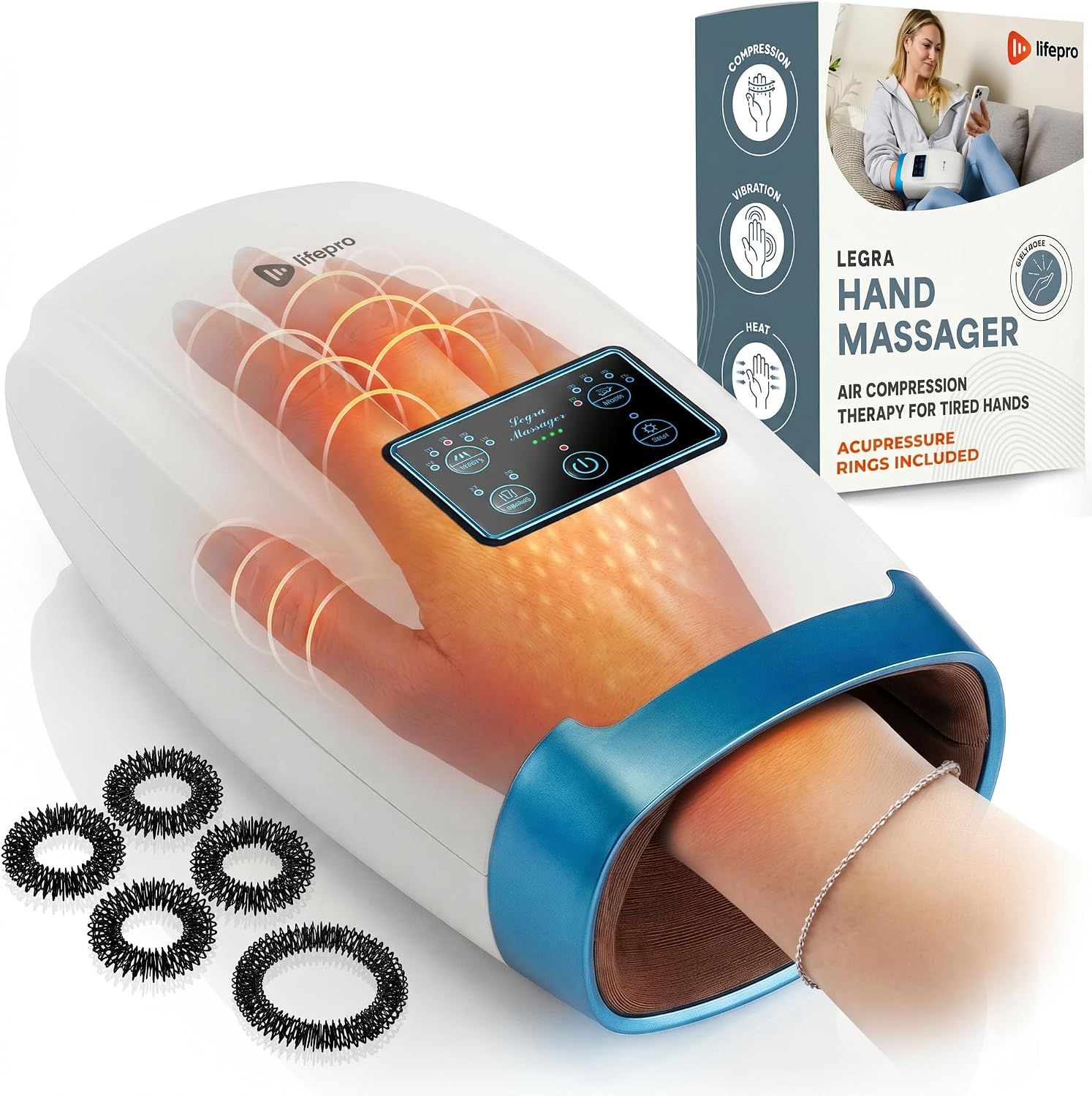 Lifepro Cordless Hand Massager for Hands, Wrists & Fingers – Heat & Compression with 5 Intensity Levels, 5 Massage Modes, 2 Vibration Levels, and Travel Bag – Ideal Gift for Men & Women (White)