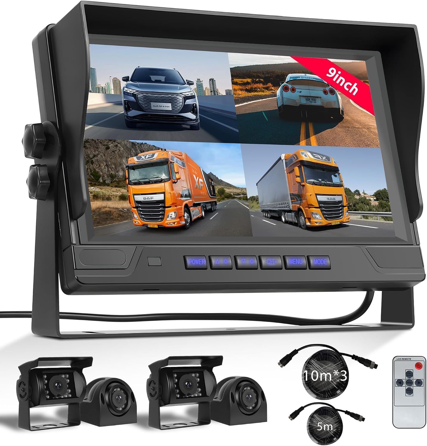 Reverse Camera 9-Inch HD IPS Screen with 4-Camera Car Reverse System, IP68 Waterproof, Infrared Night Vision, and Easy DIY Installation for RV/Tractor/Truck/Excavator/Caravan/Skid Steer/Heavy